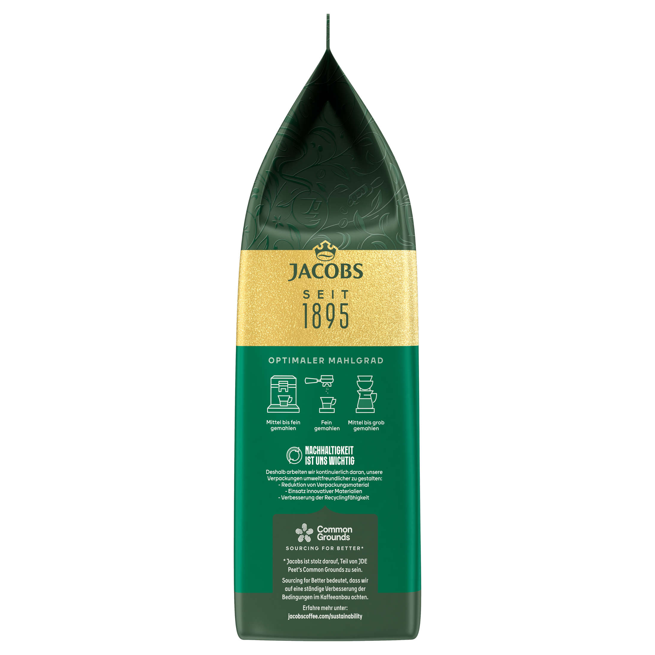 Grüner und weißer Jacobs Kaffeepack mit Text und Illustrationen.