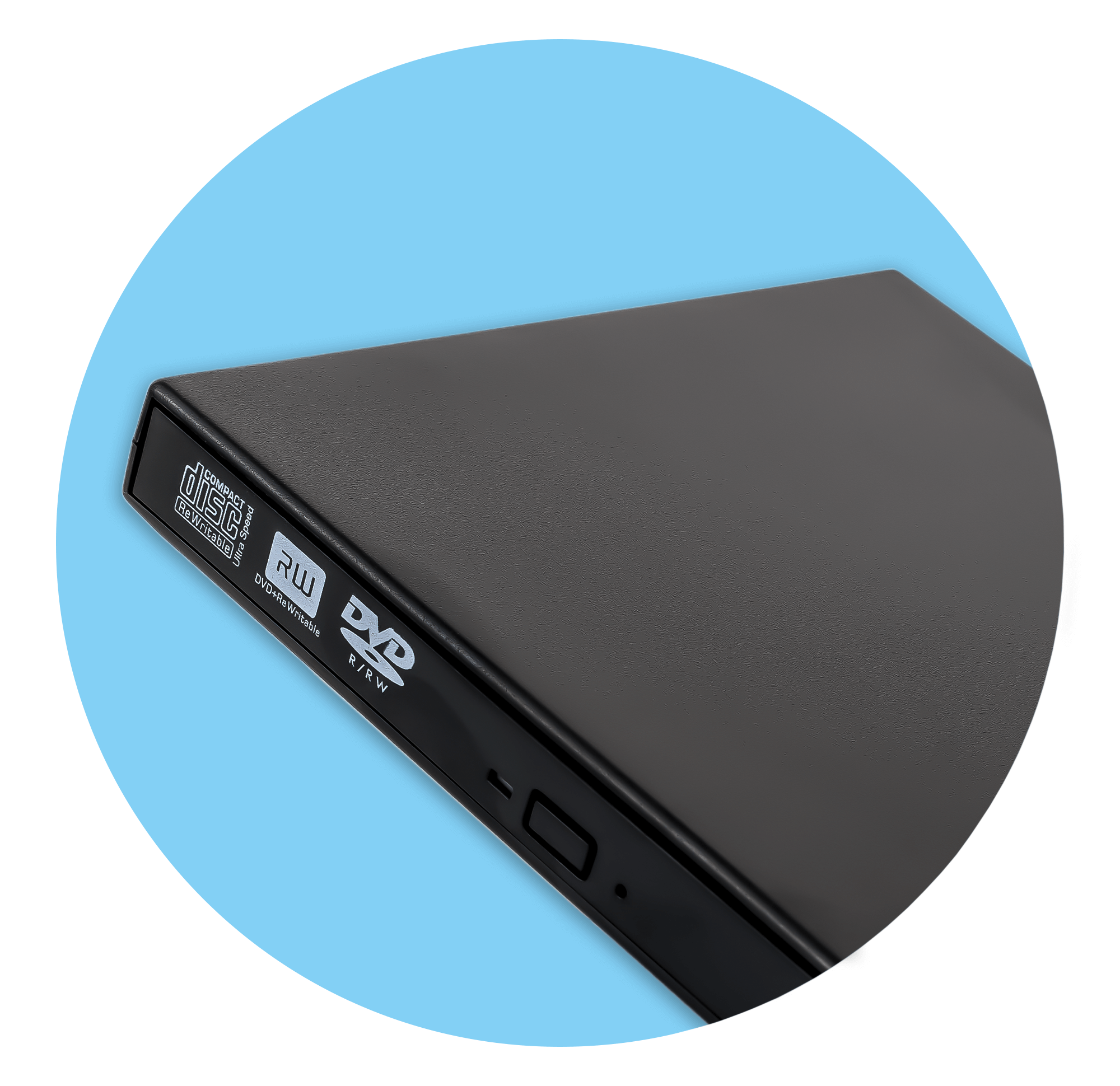 Czarny napęd DVD w niebieskim okręgu. Widok z góry. Białe tło.