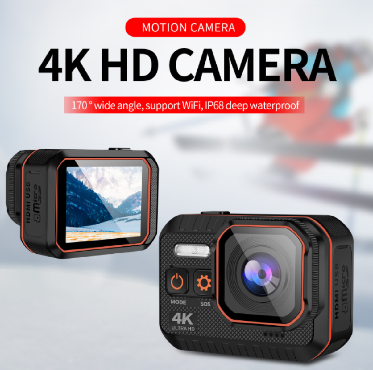 Schwarze Action-Kamera mit Knöpfen und Bildschirm. Text sagt 4K HD Kamera und 170° Weitwinkel.
