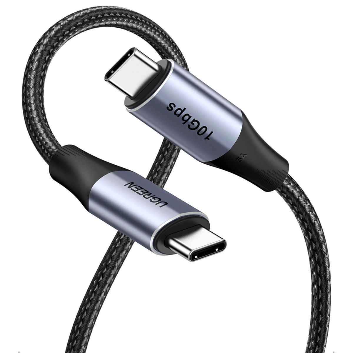 Dwa kable USB-C ze srebrnymi złączami i czarnym plecionym kablem na jasnym tle.