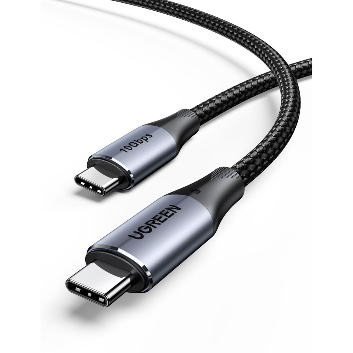 Czarny i szary kabel USB-C z etykietami 'UGREEN' i '10Gbps'.