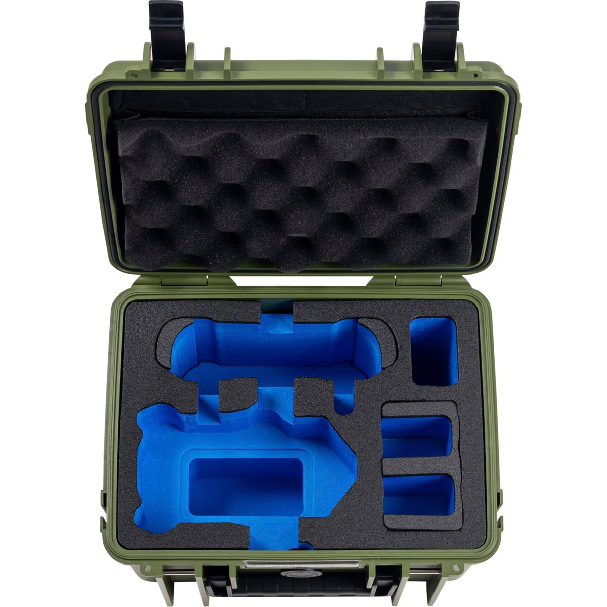 Una custodia verde aperta con inserti in schiuma blu personalizzati per l'attrezzatura.