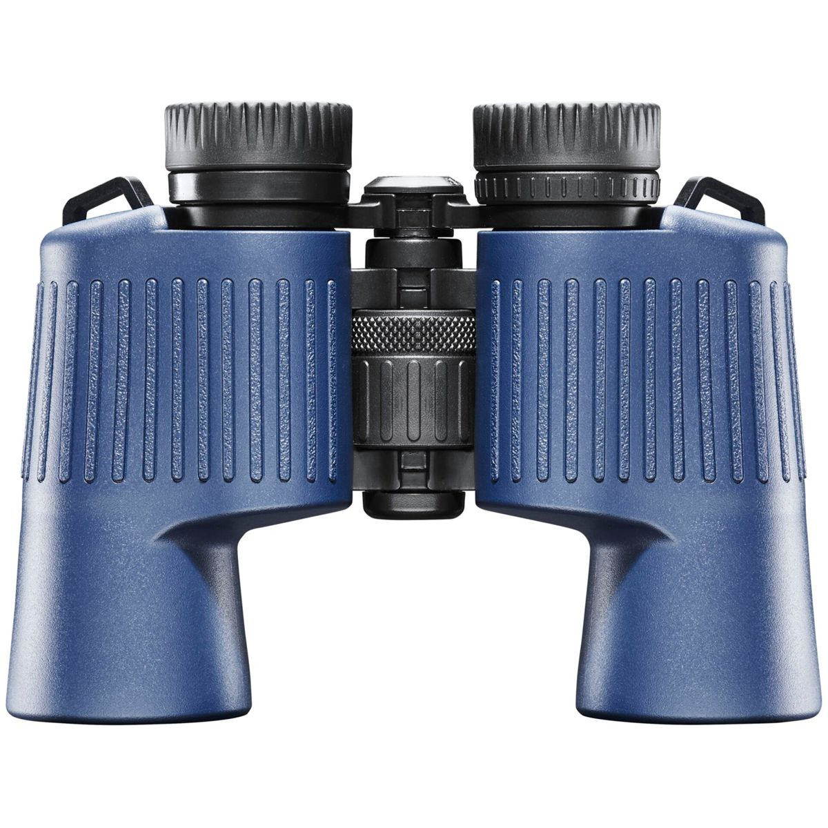 Binocolo blu con dettagli neri, sfondo bianco.