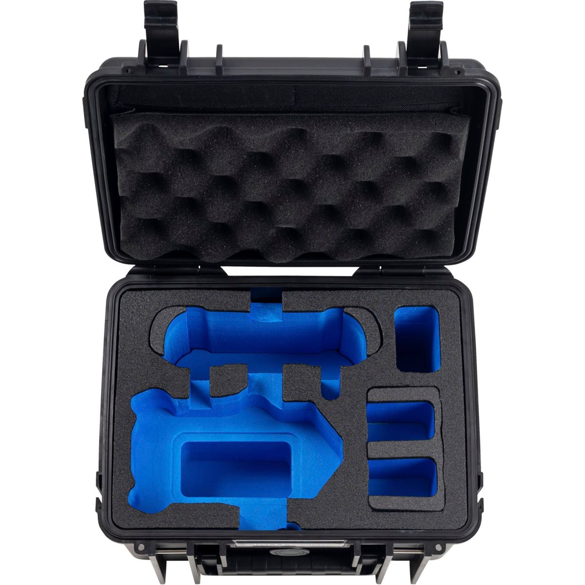 Custodia nera aperta con inserti in schiuma blu. Ha una maniglia e chiusure.