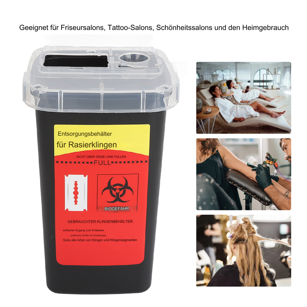 Schwarzer Entsorgungsbehälter mit Biohazard-Symbol. Es gibt Bilder, die die Abfallentsorgung in Salons zeigen.