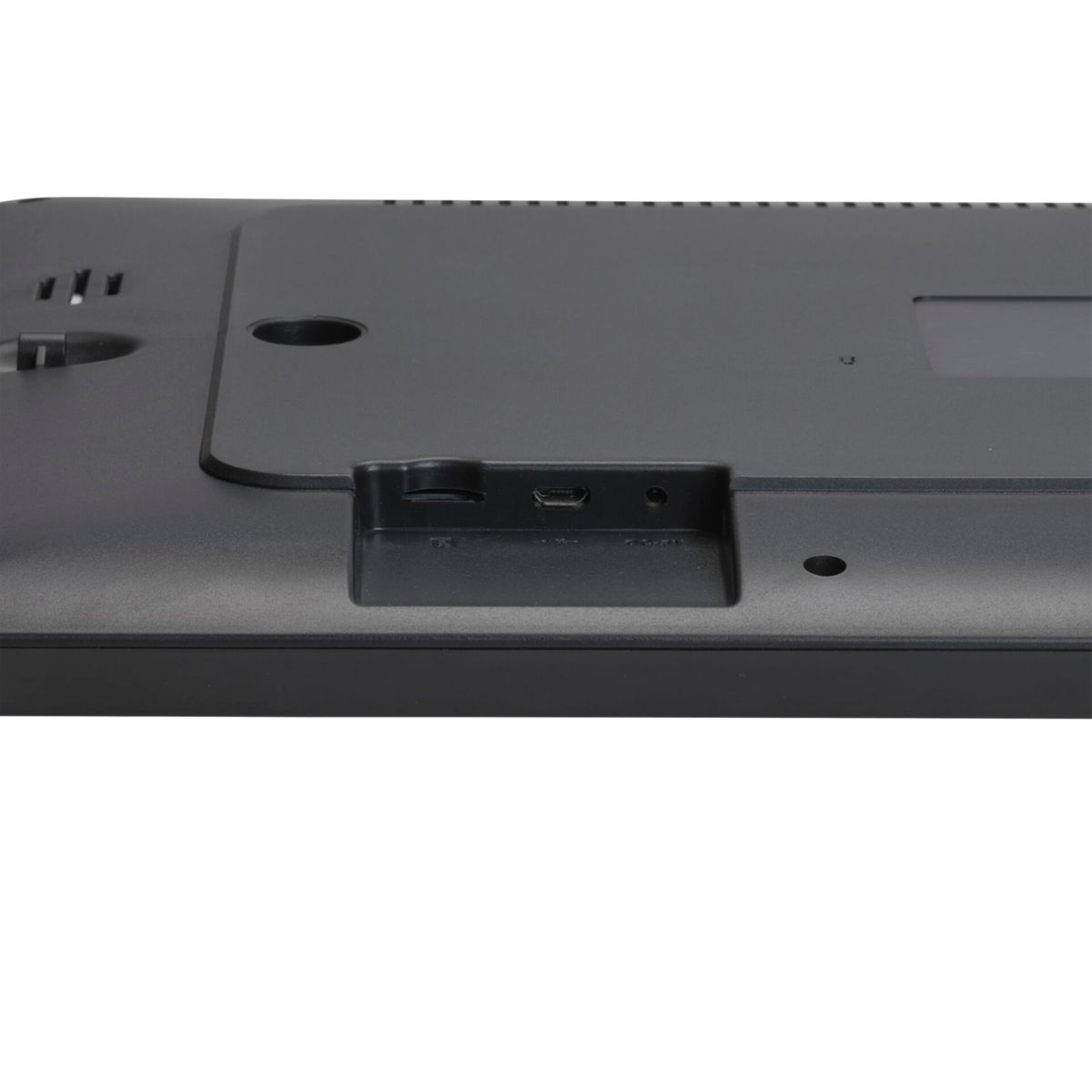 Czarny tył urządzenia z portami, zbliżenie.