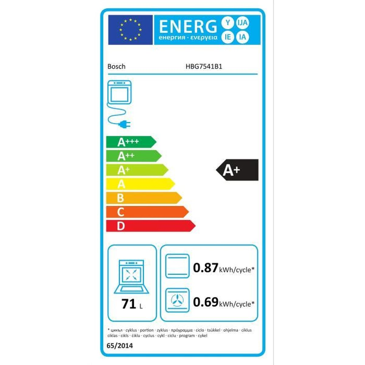 Ein Energielabel für einen Bosch-Ofen, das Energieeffizienzklassen anzeigt.