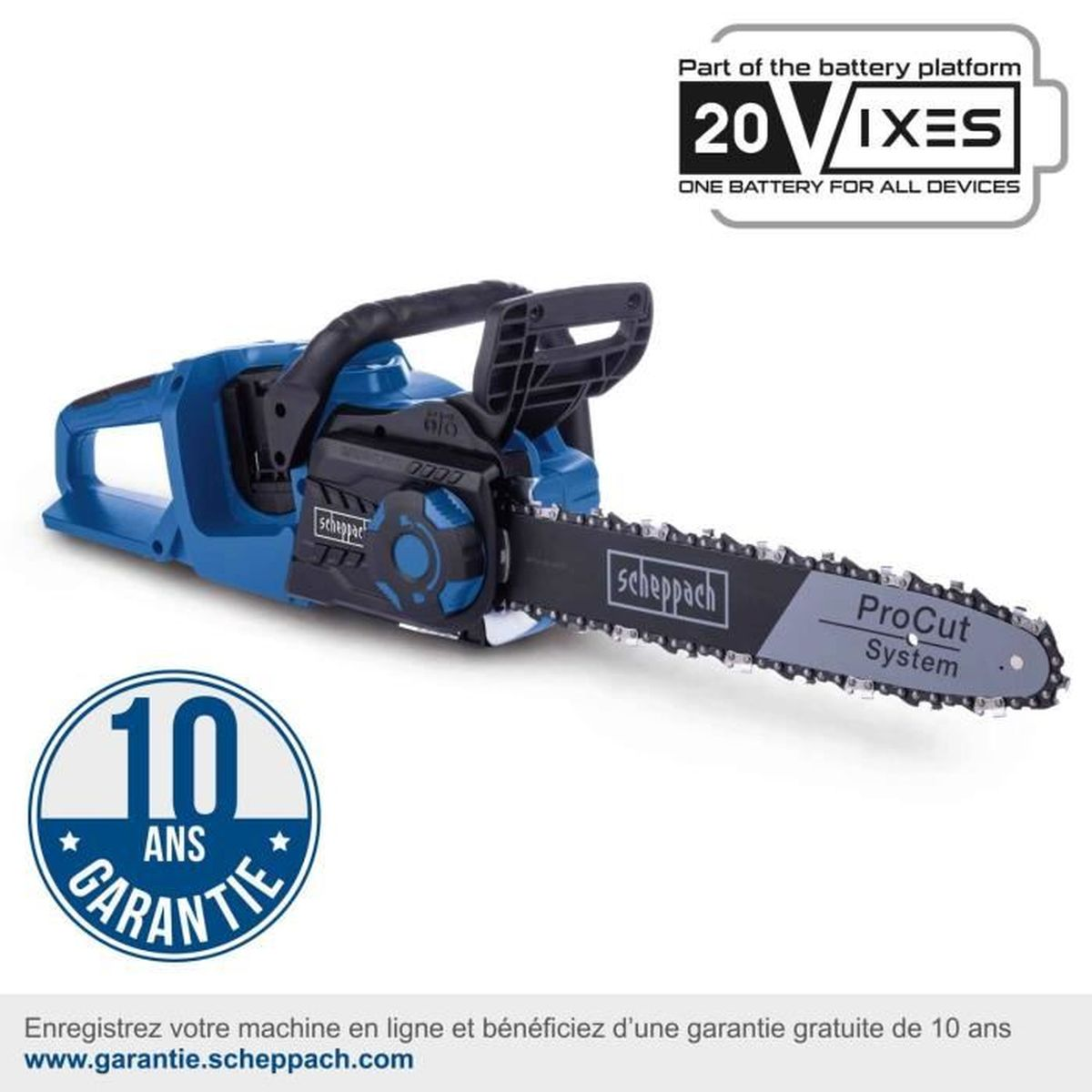 Blaue und schwarze Kettensäge mit 10-Jahres-Garantie-Etikett.