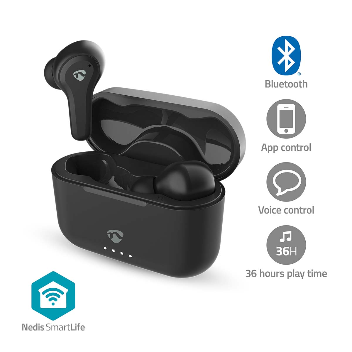 Schwarze Ohrhörer in einem Ladeetui, mit Symbolen für Bluetooth, App-Steuerung, Sprachsteuerung, 36h Wiedergabe.