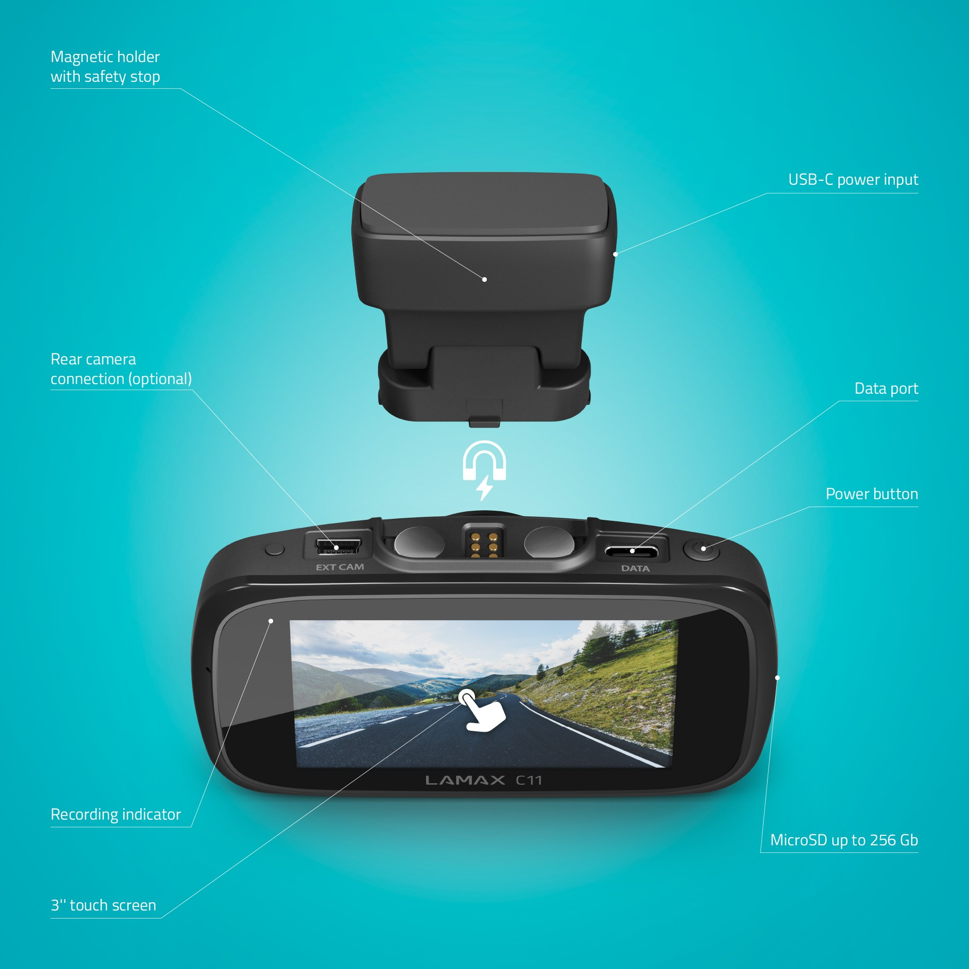 Schwarze Dashcam, Bildschirm mit Straßenansicht. Zubehör: Halterung, Stromeingang. Blauer Hintergrund.