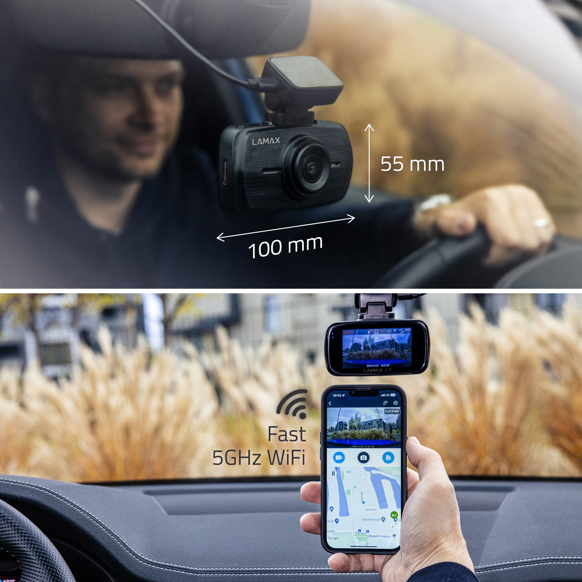 Dashcam im Auto, zeigt einen Fahrer. Telefon zeigt dieselbe Ansicht. Text sagt 'Fast 5GHz Wifi'.