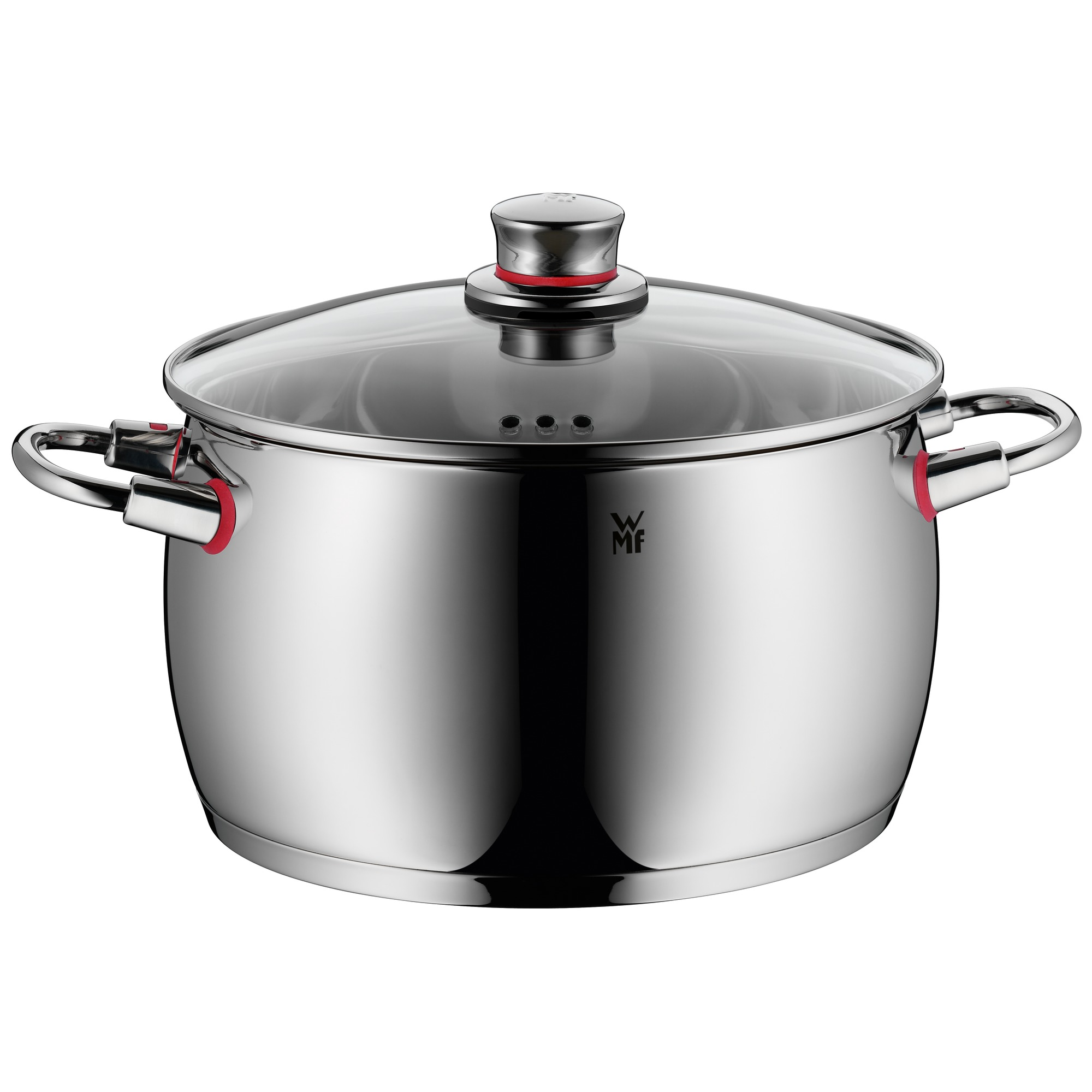 Casserole en acier inoxydable avec couvercle en verre. Accents rouges sur les poignées. Logo WMF sur le côté.