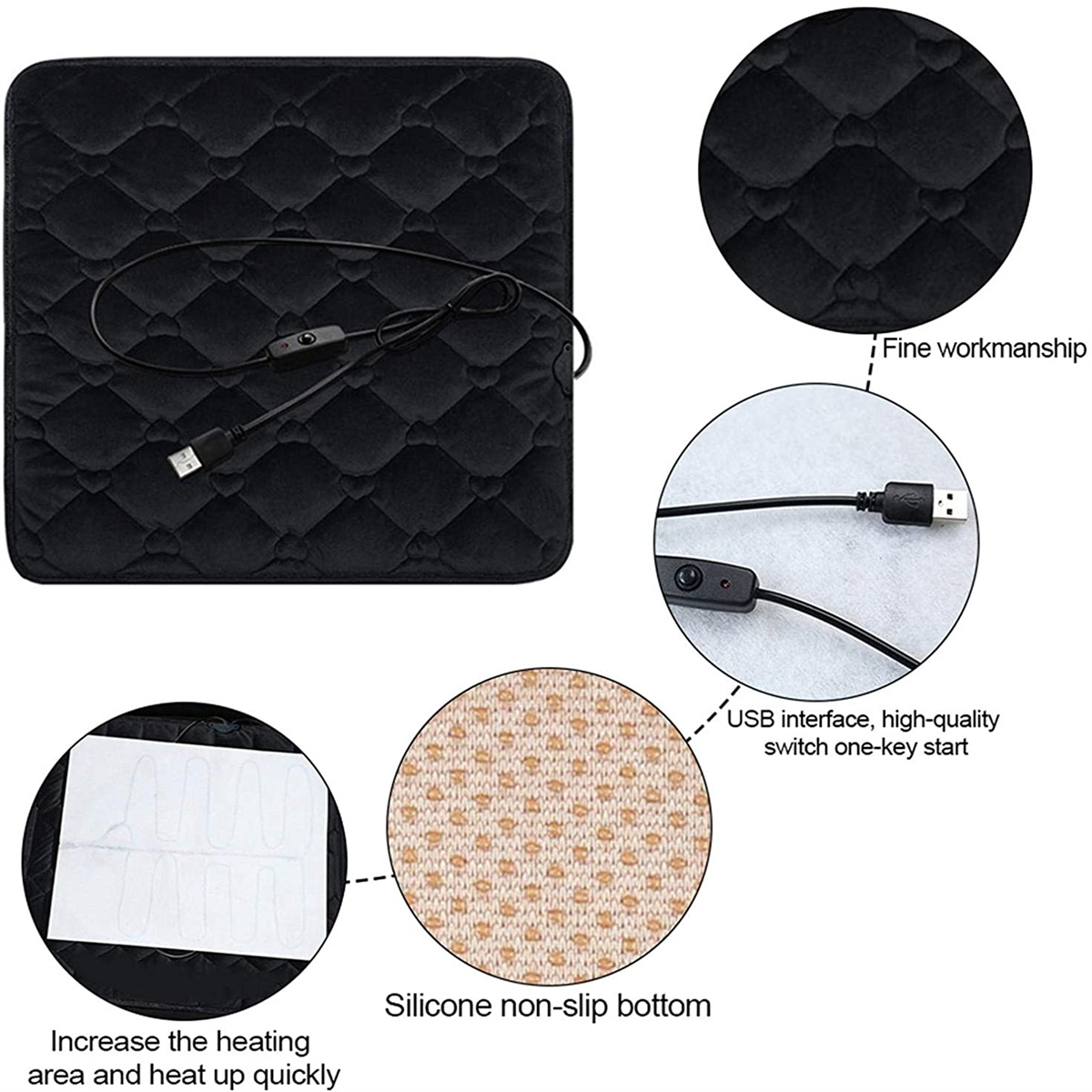 Schwarzes beheiztes Sitzkissen mit USB-Schnittstelle. Nahaufnahmen zeigen Details des Materials und Schalters.