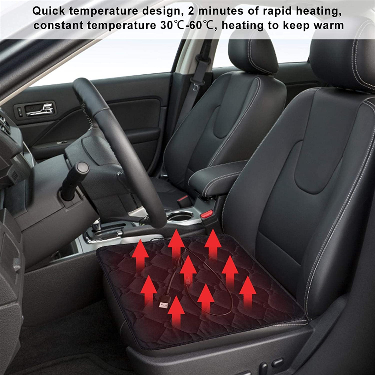 Ein schwarzes beheiztes Autositzkissen. Rote Pfeile zeigen den Wärmefluss. Text sagt 30C-60C.