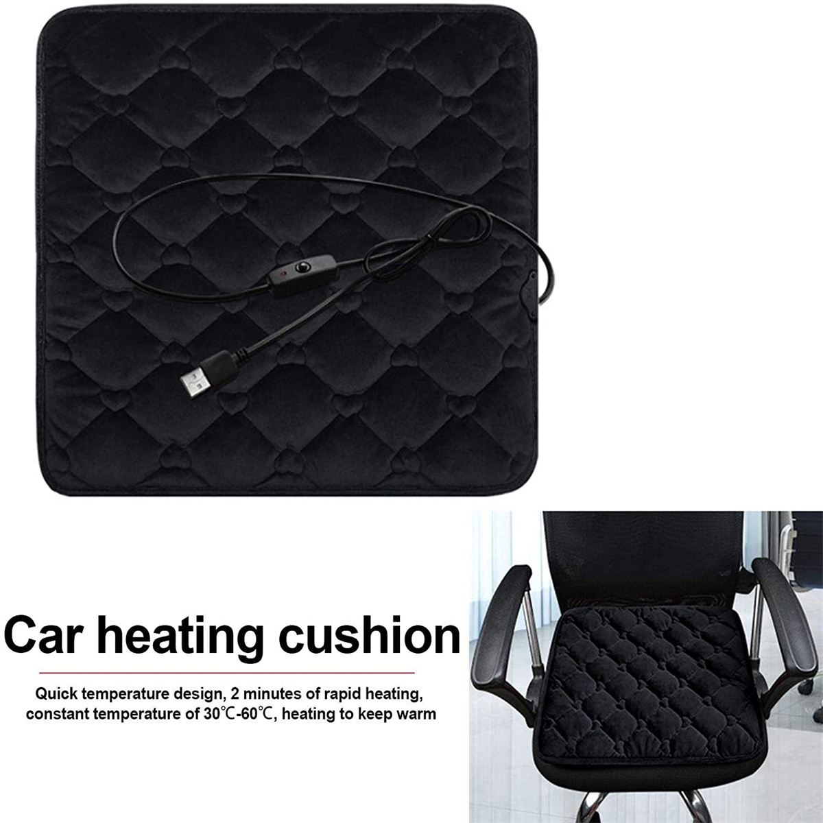 Schwarzes beheiztes Autositzkissen mit USB-Stecker und Netzschalter.