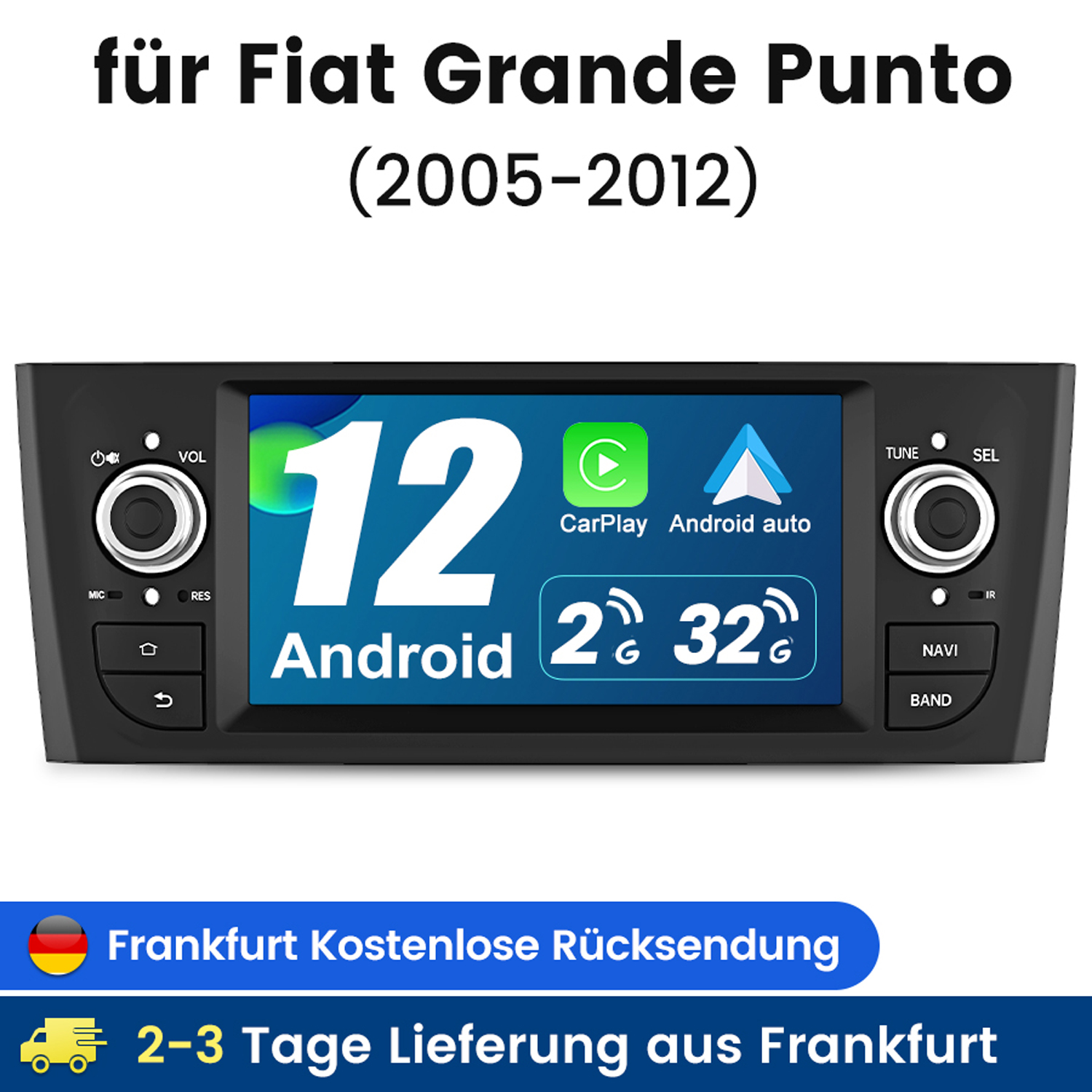 Autoradio-Haupteinheit für Fiat Grande Punto. Android, Touchscreen, Navigation und Carplay-Funktionen.