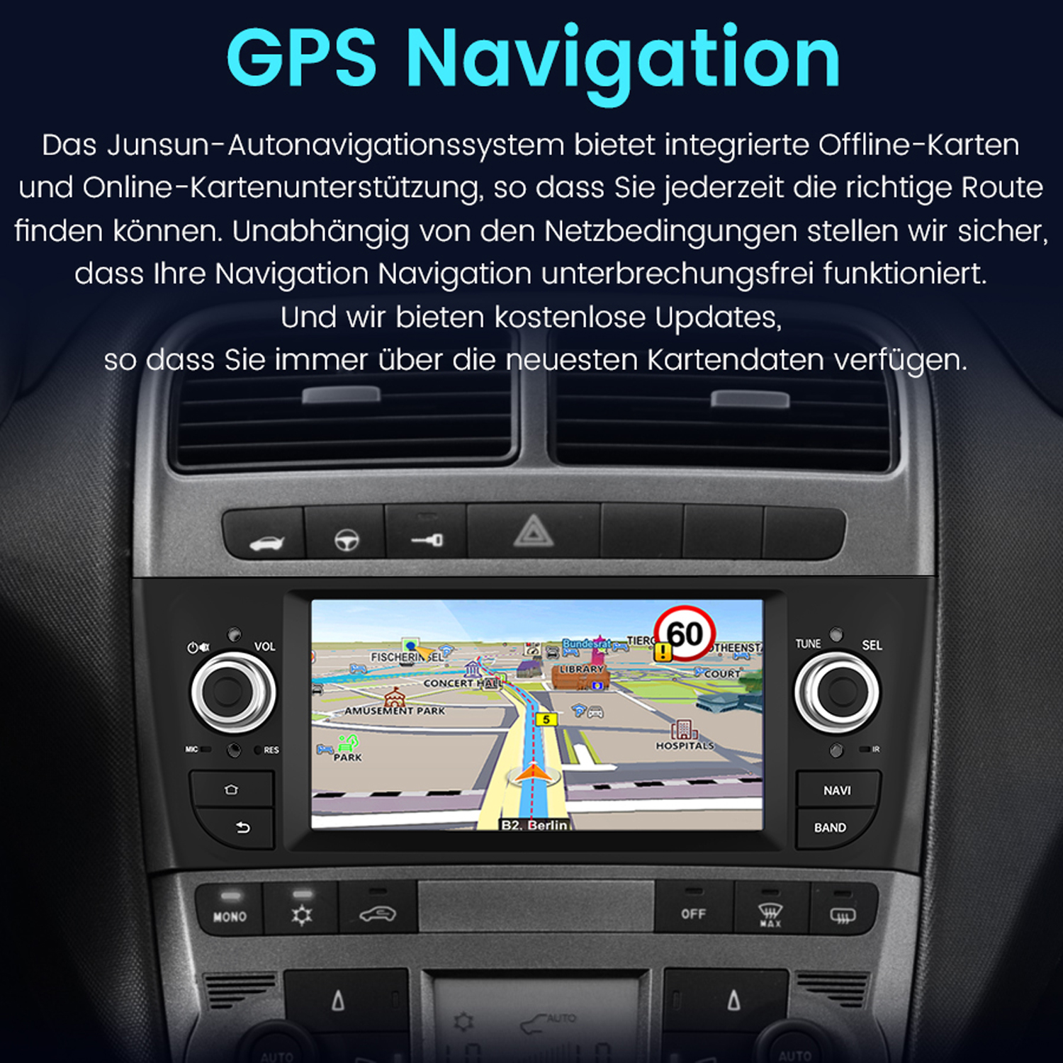 Auto-Navigationssystem mit Karte. Text auf Deutsch. Armaturenbrettdetails sind sichtbar.