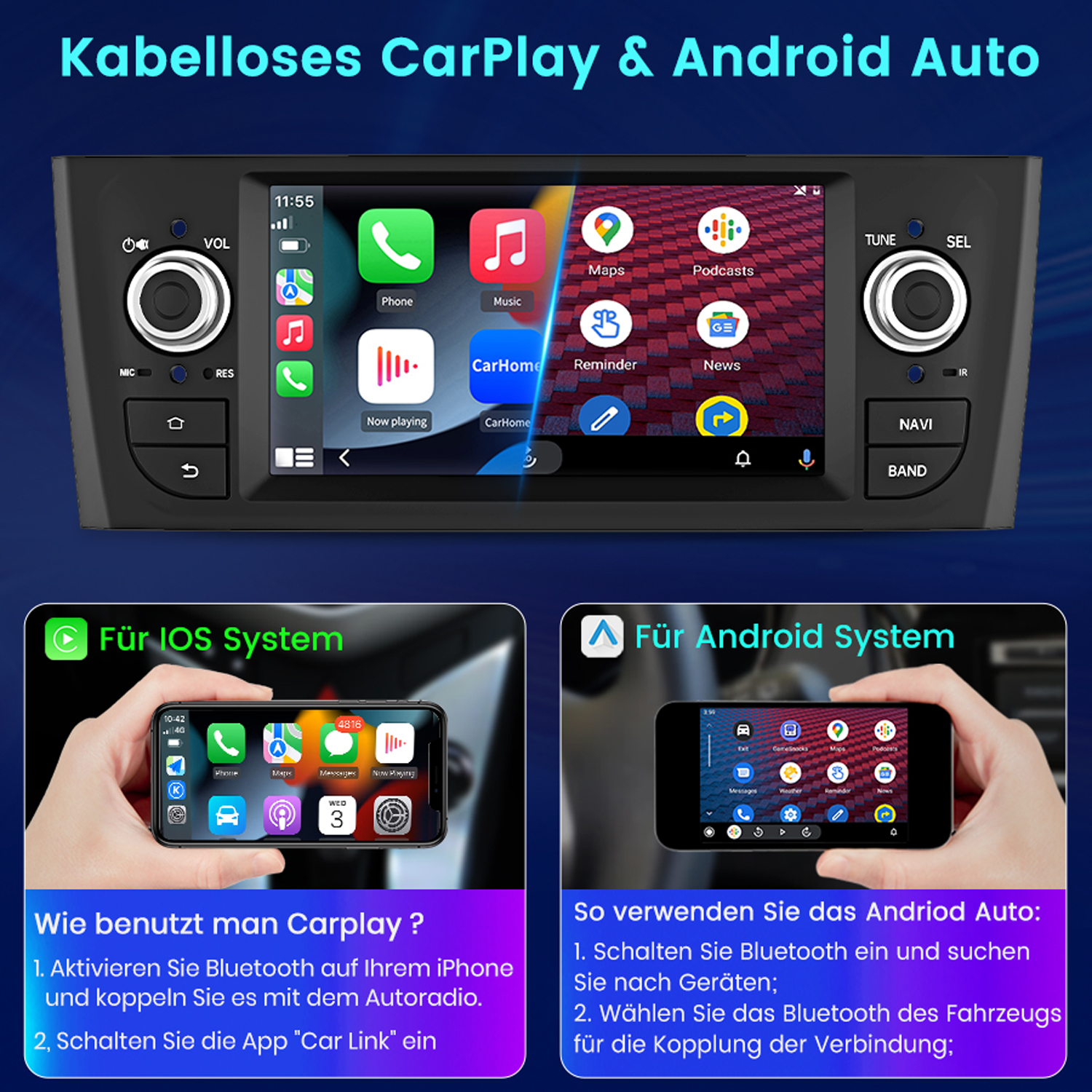 Autoradio-Bildschirm, der eine Benutzeroberfläche mit Tasten und Anweisungen für iOS und Android zeigt.
