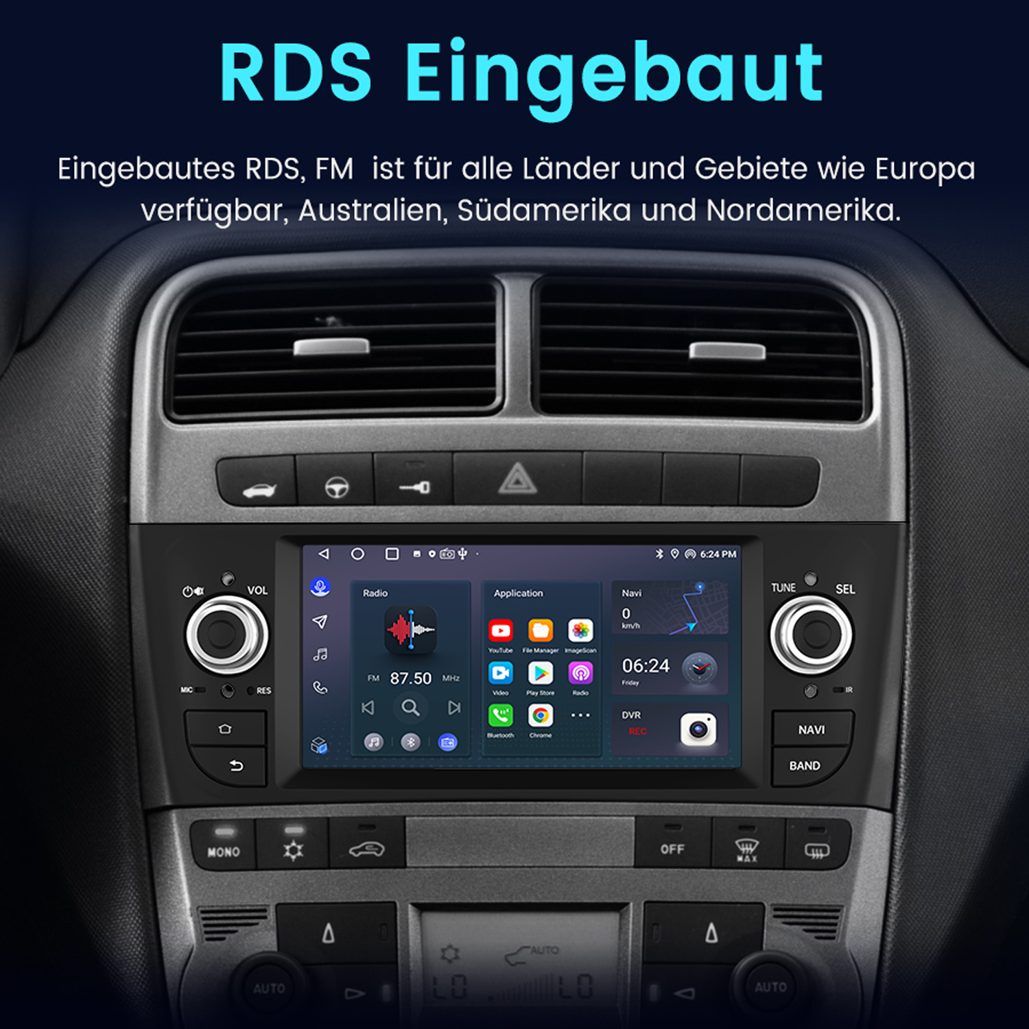 Bildschirm des Car-Infotainment-Systems mit Radio und Anwendungen.