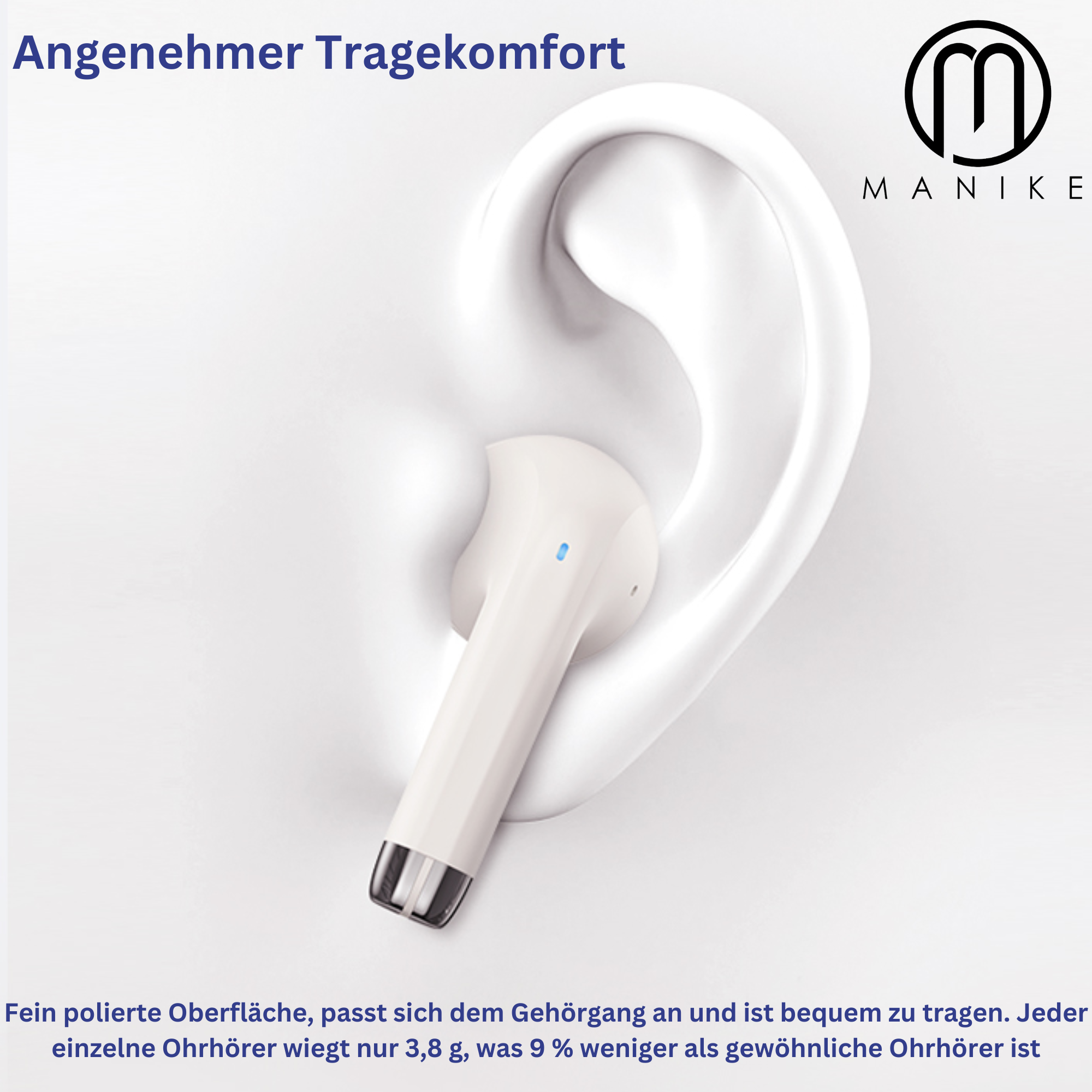 Ucho z białą słuchawką. Tekst: „wygodne w noszeniu”. Tekst: „Drobno wypolerowana powierzchnia, dopasowuje się do kanału słuchowego”.