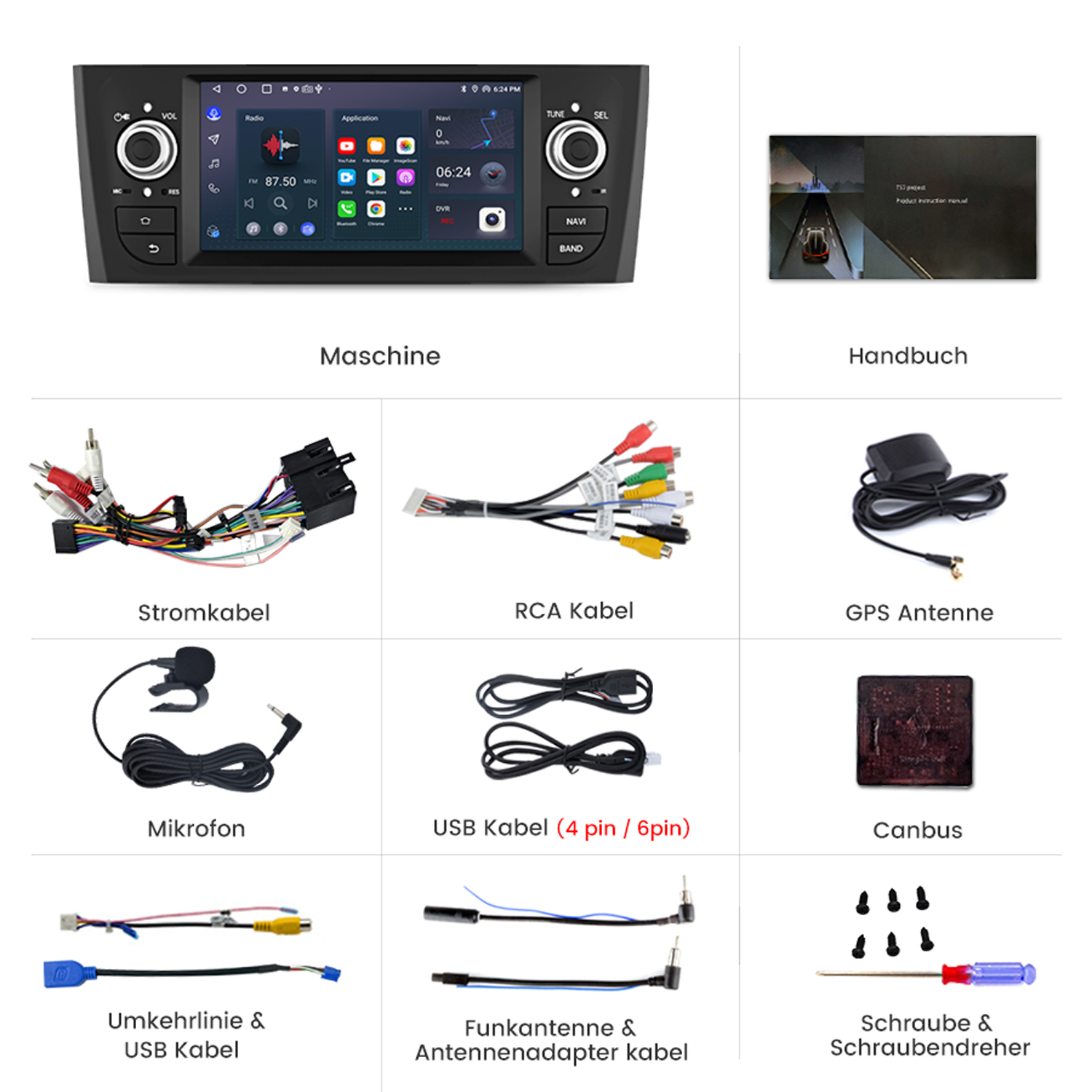 Auto-Stereo-Komponenten, inkl. Bildschirm und Zubehör.