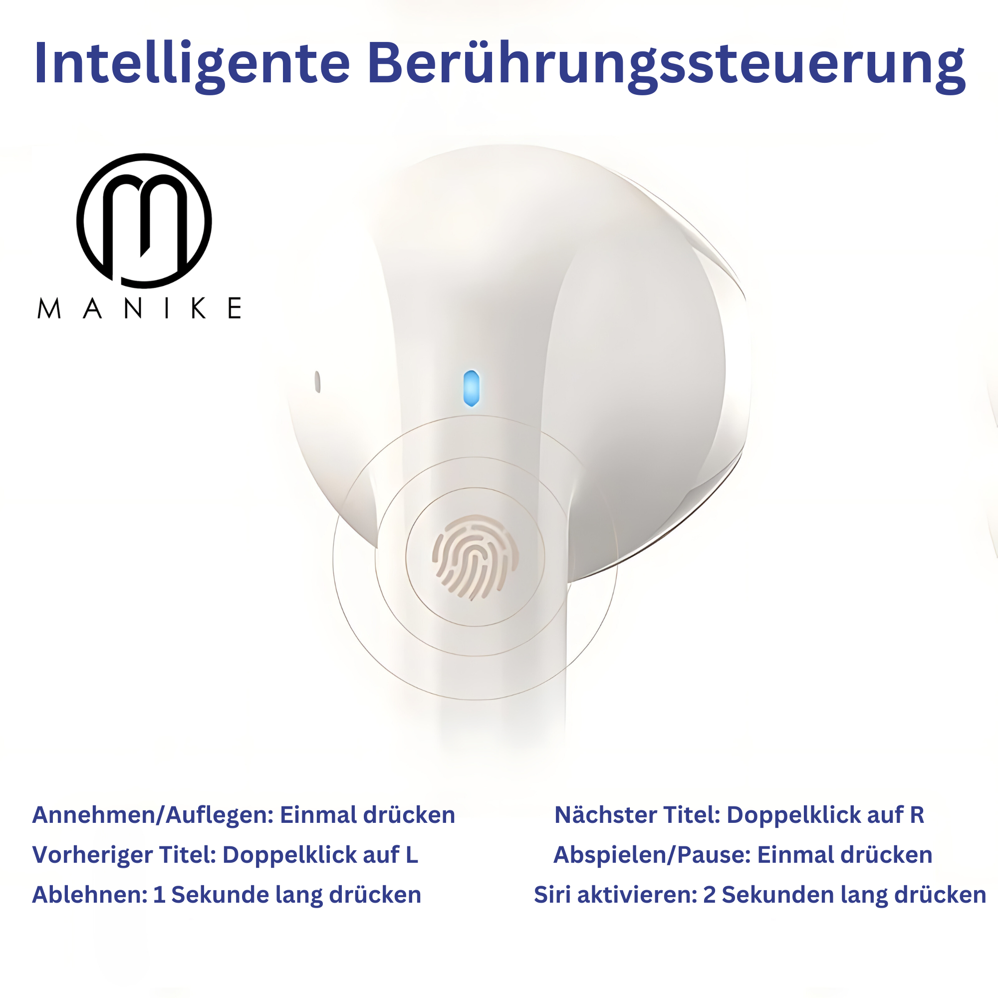 Białe słuchawki z logo Manike, otoczone instrukcjami tekstowymi.