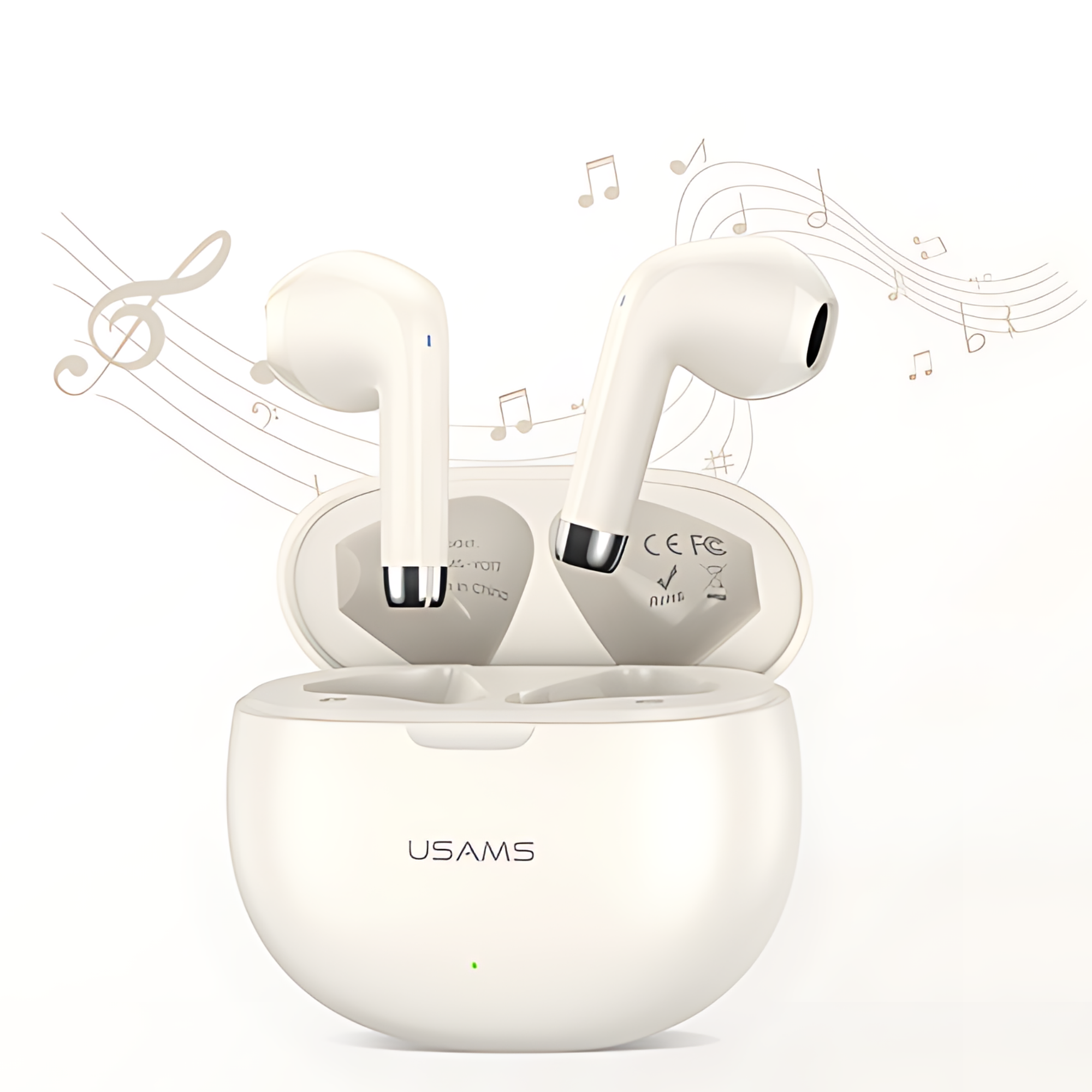 Białe słuchawki z etui ładującym i nutami.