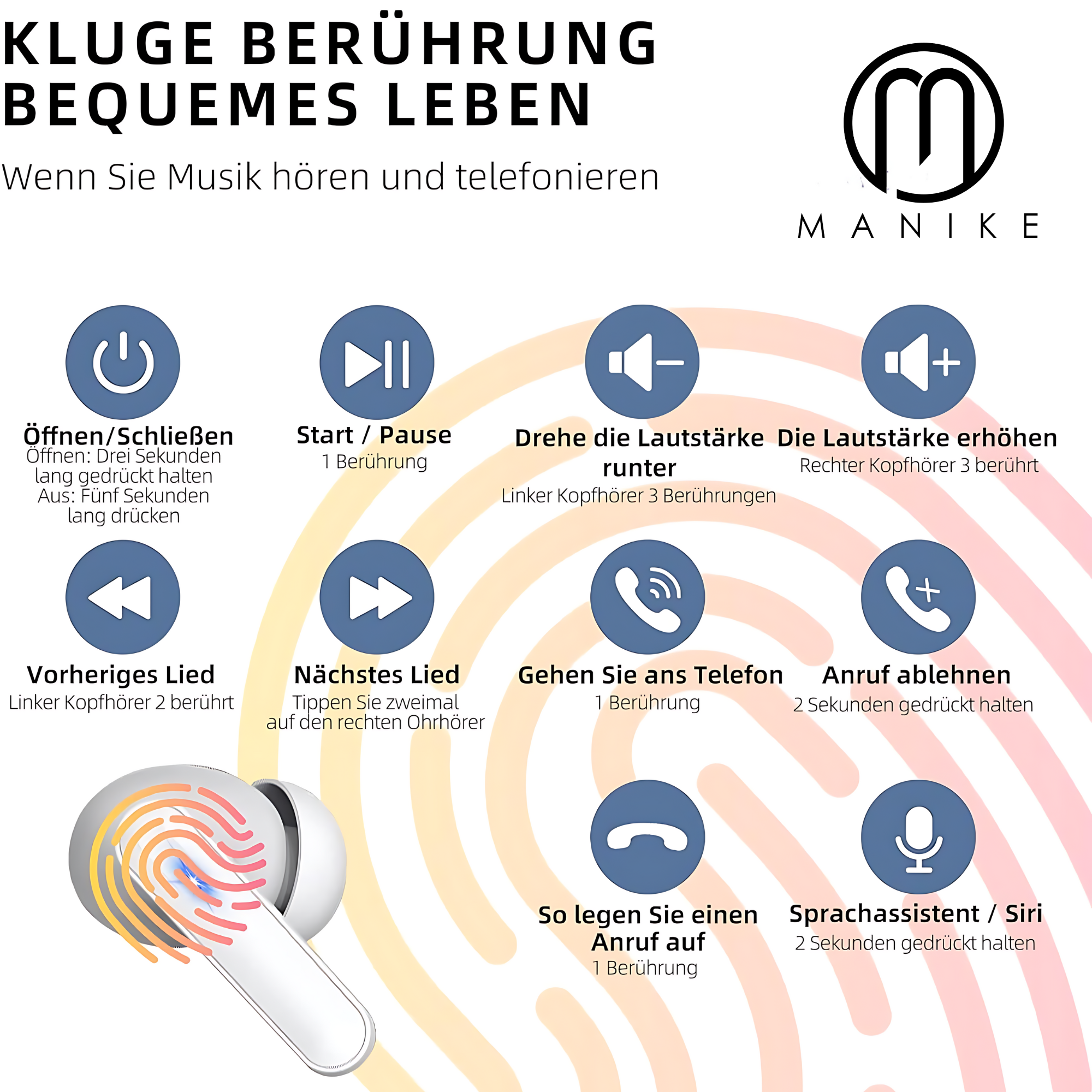 Białe słuchawki douszne z kontrolą dotykową. Ikony wskazują funkcje: odtwarzanie, pauza, głośność itp.