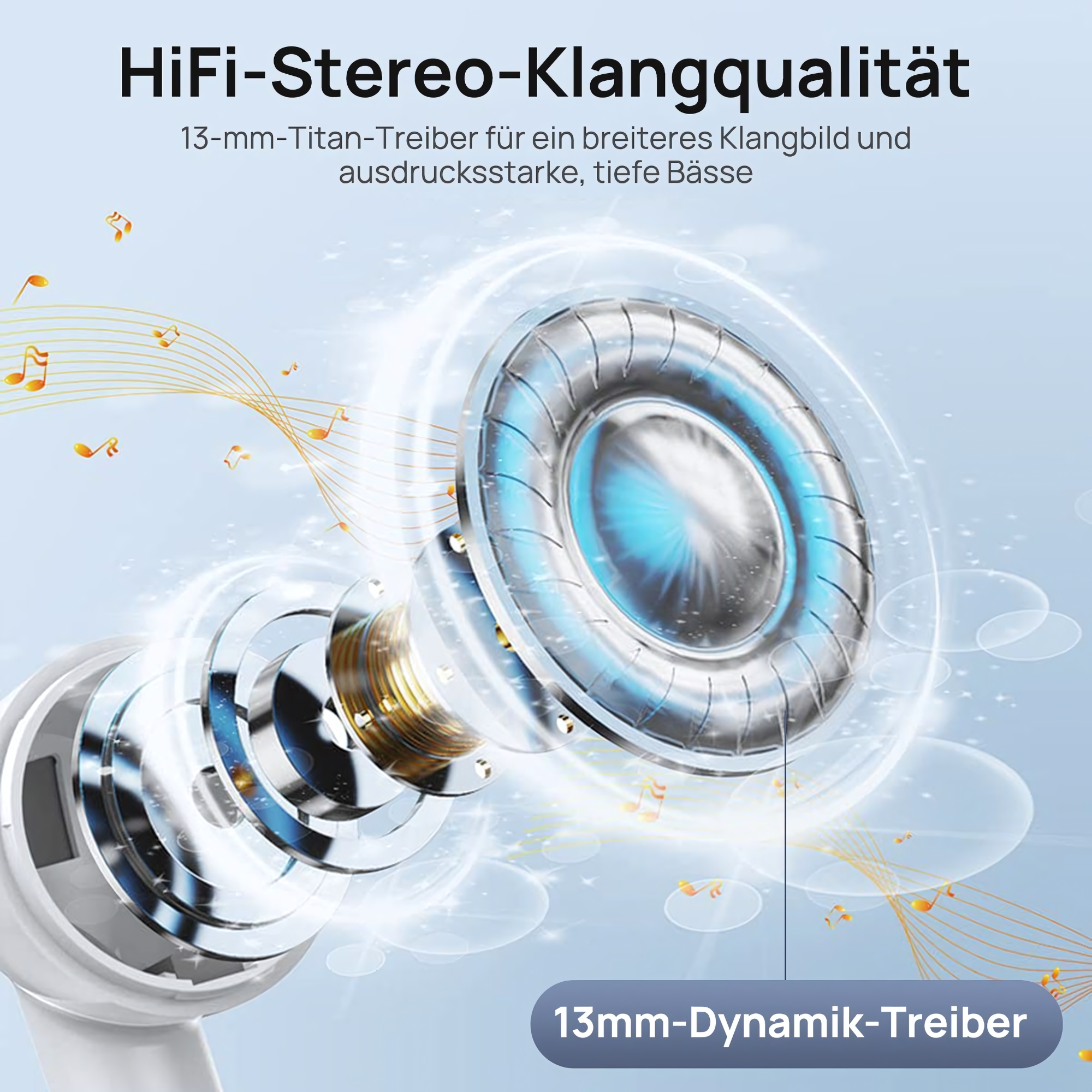 Elementy słuchawek, pokazujące głośnik i tekst o jakości dźwięku.