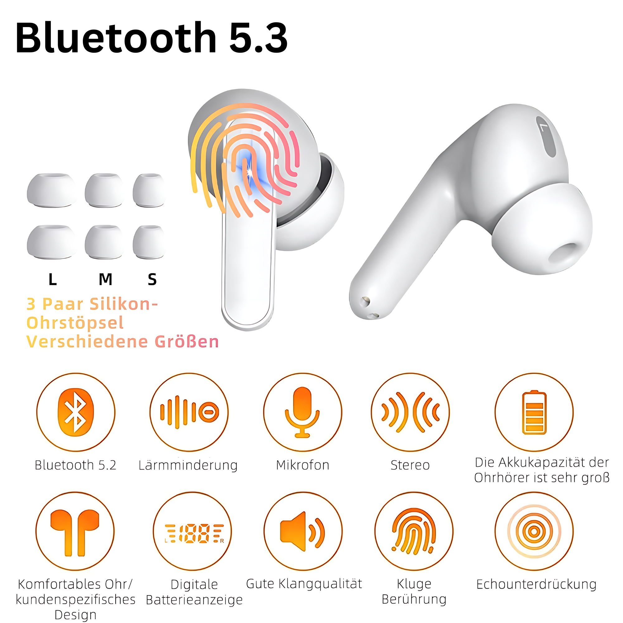 Białe bezprzewodowe słuchawki douszne z dodatkowymi końcówkami. Obraz ma schemat słuchawek i funkcji.