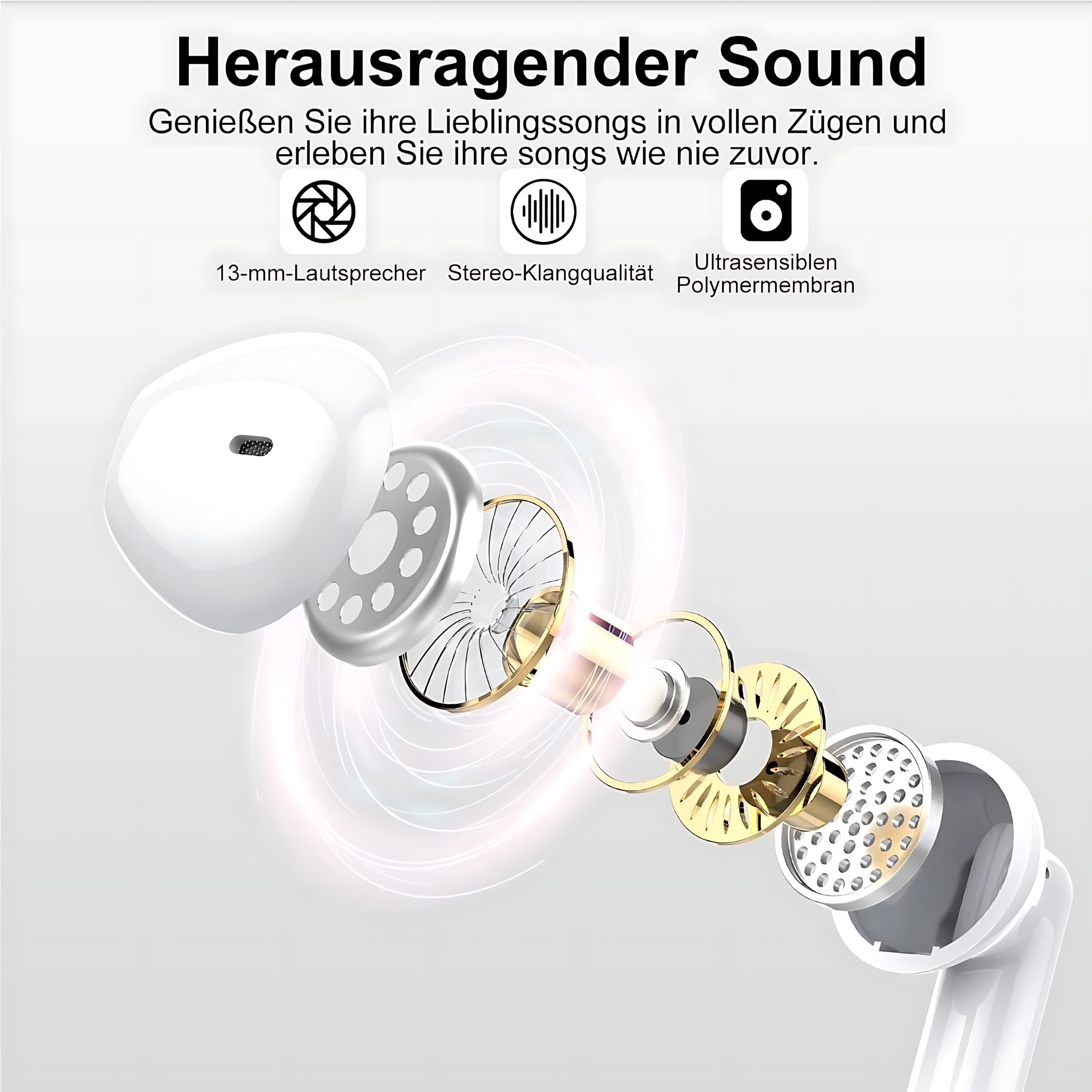 Schemat rozłożony białej słuchawki pokazujący elementy wewnętrzne i tekst w języku niemieckim.