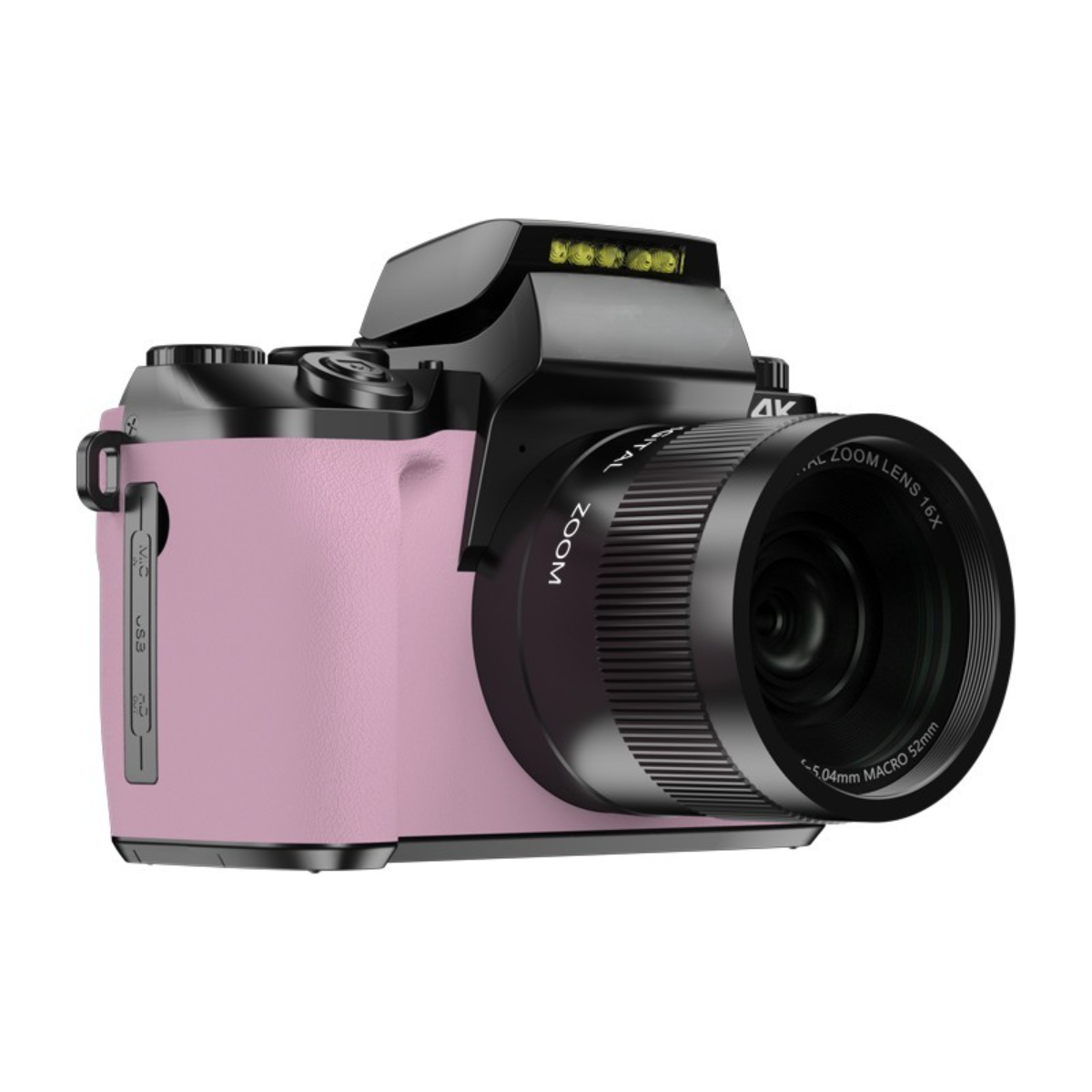 Rosa Digitalkamera mit schwarzem Objektiv und Oberseite, isoliert auf Weiß.