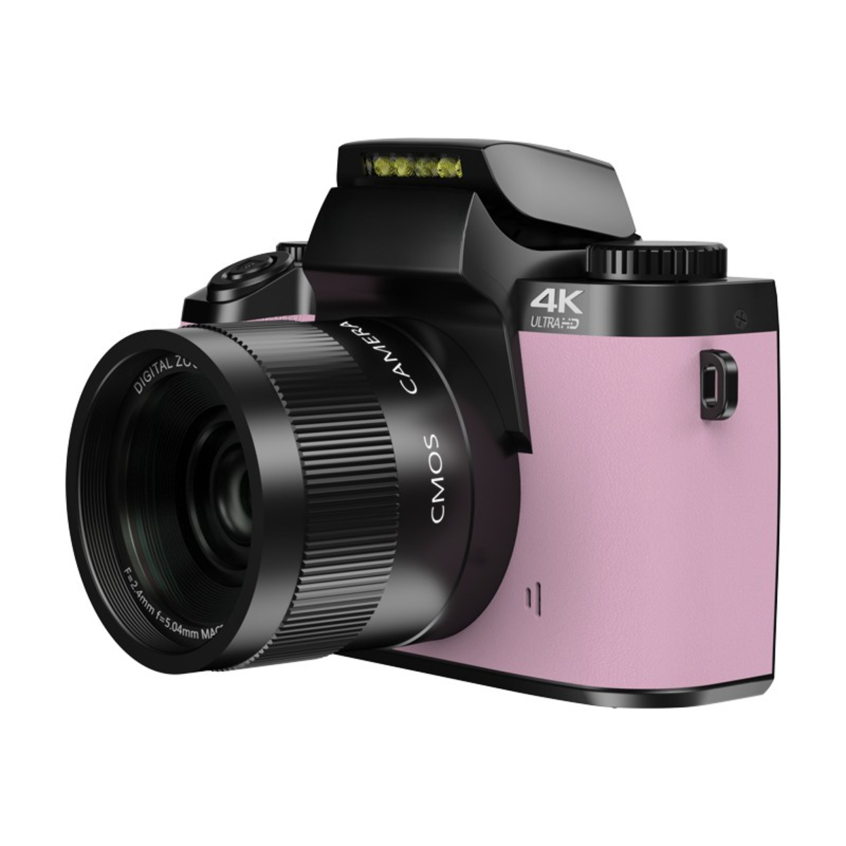 Pinke und schwarze Kamera mit Objektiv. Sie hat einen eingebauten Blitz.