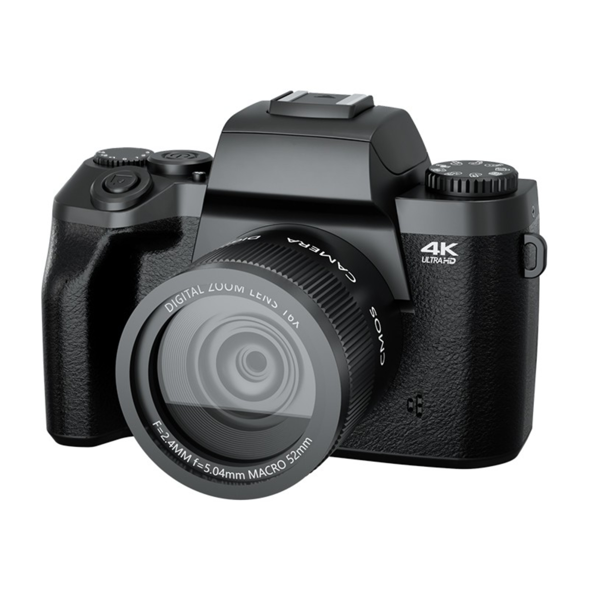 Schwarze Kamera mit Objektiv. Die Kamera hat ein 4K Ultra HD-Etikett und CMOS.