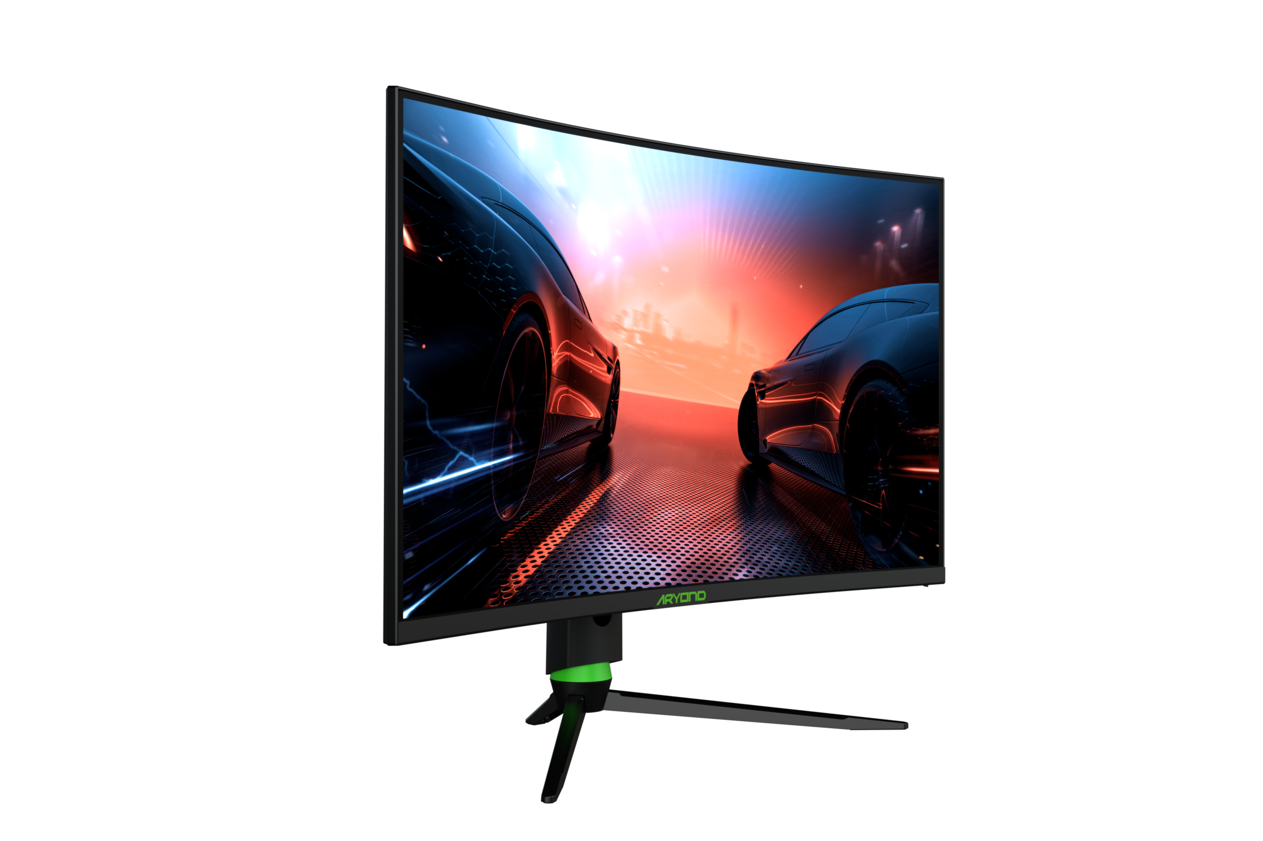 Zakrzywiony monitor do gier z mroczną sceną wyścigów samochodowych. Posiada zieloną podstawę.