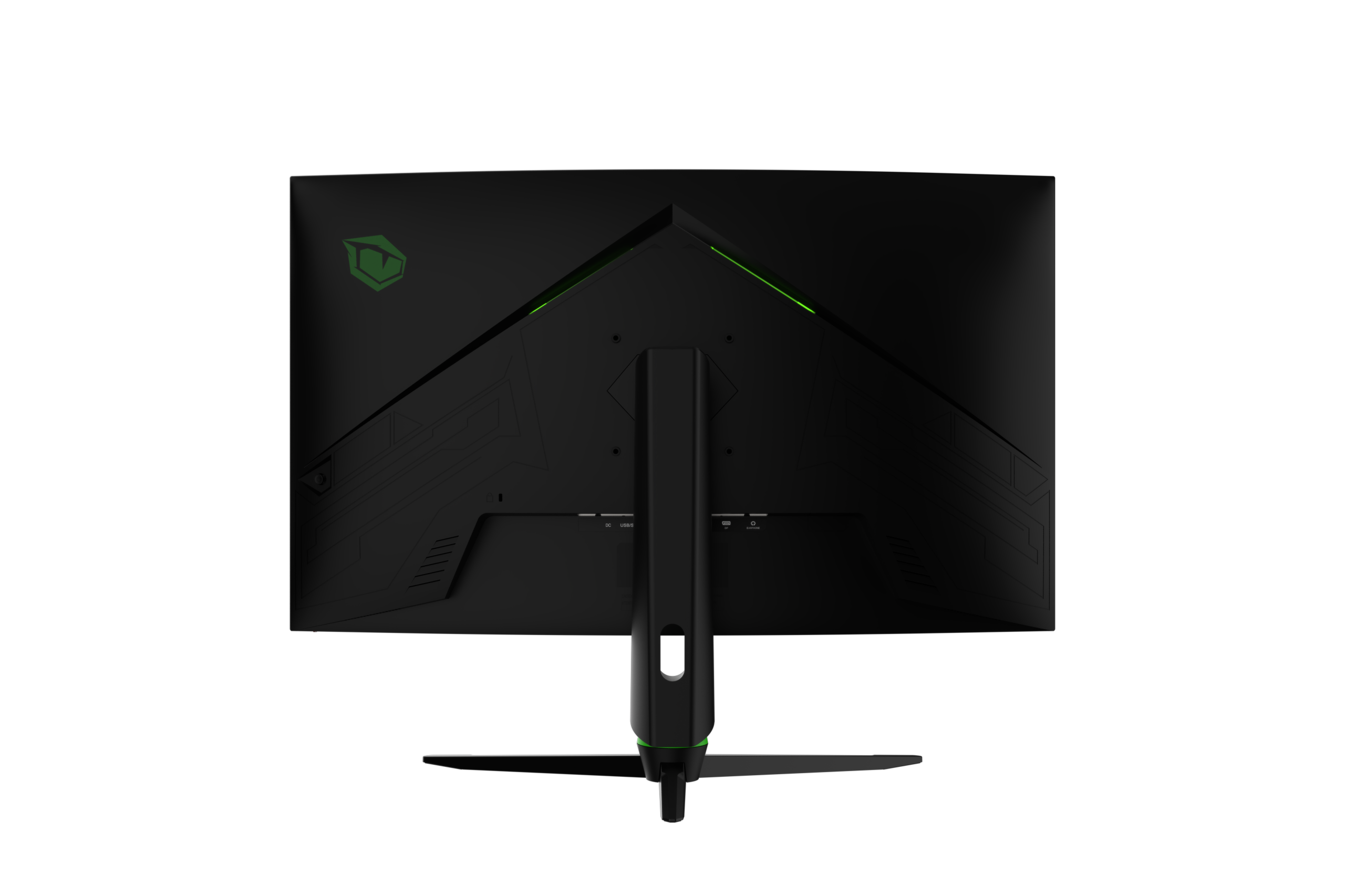 Czarny monitor z zielonym logo i zielonymi akcentami.