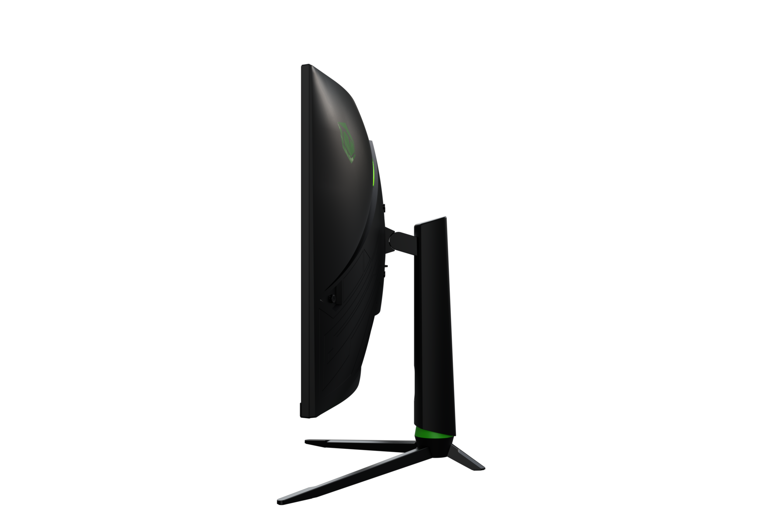 Widok z boku zakrzywionego czarnego monitora z zielonym akcentem. Tło jest czarne.