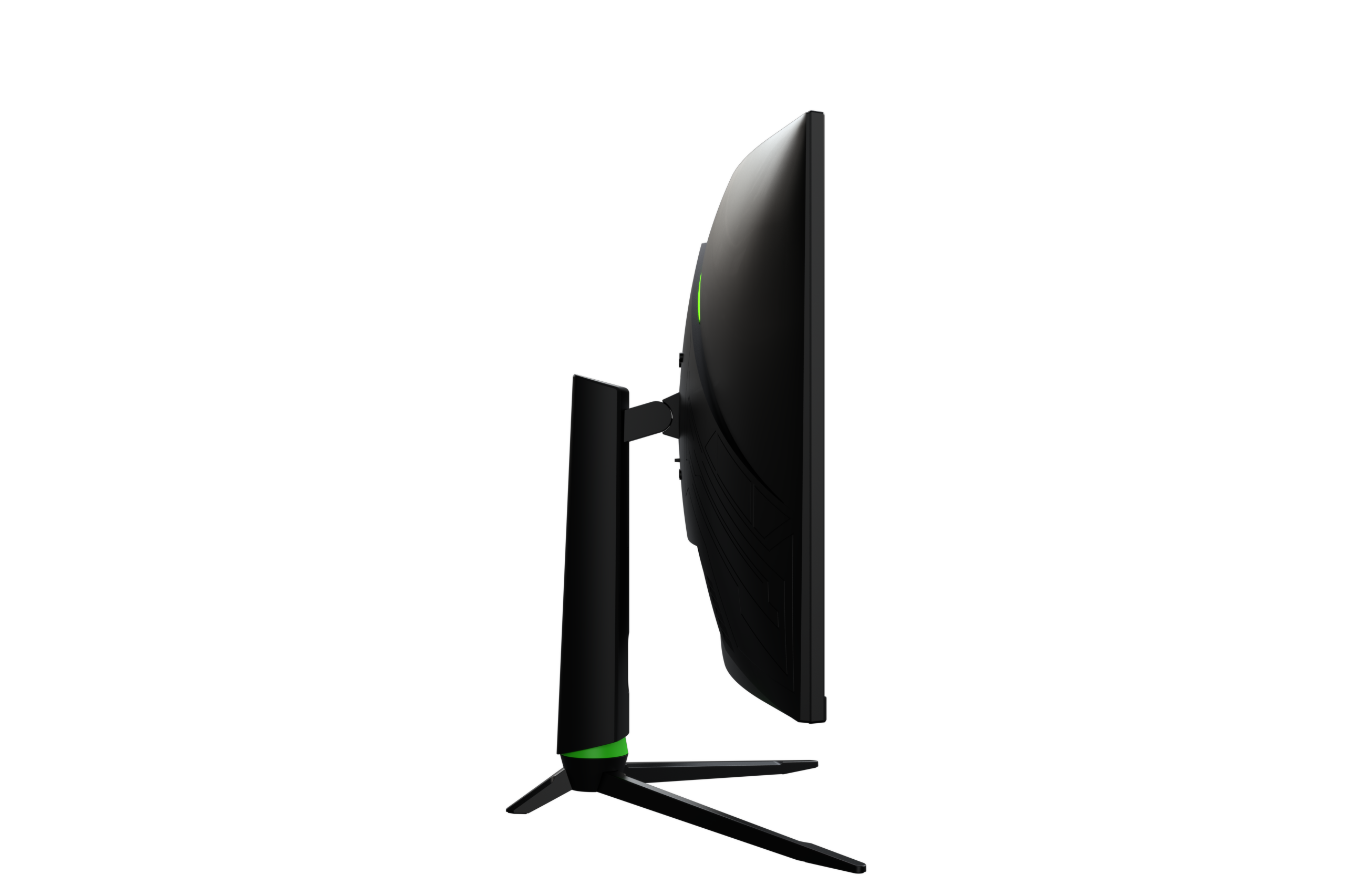 Widok z boku czarnego i zielonego monitora do gier. Czarna ramka z zielonymi akcentami, czarne tło.
