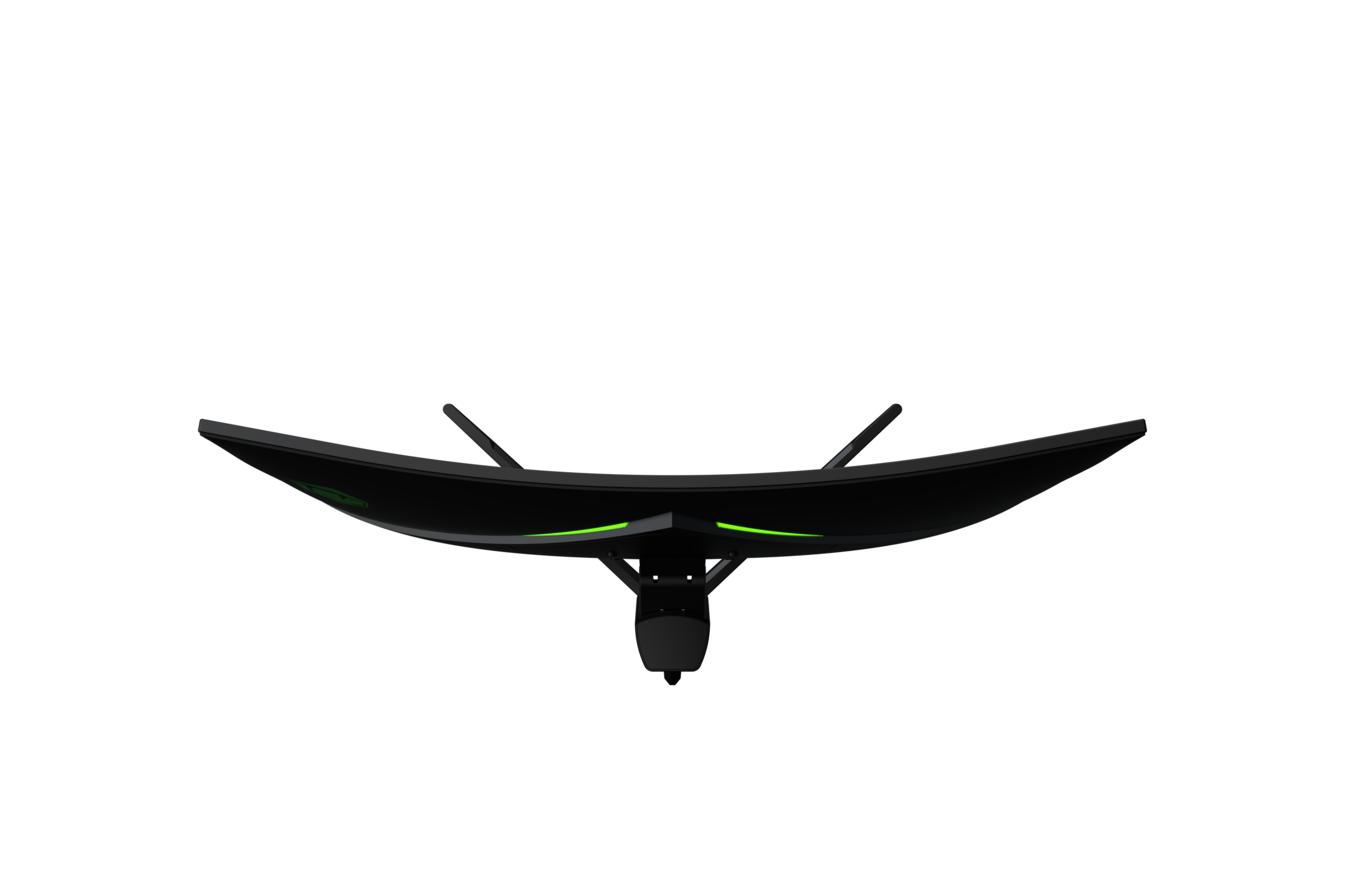 Zakrzywiony czarny monitor komputera z perspektywy z góry na czarnym tle.