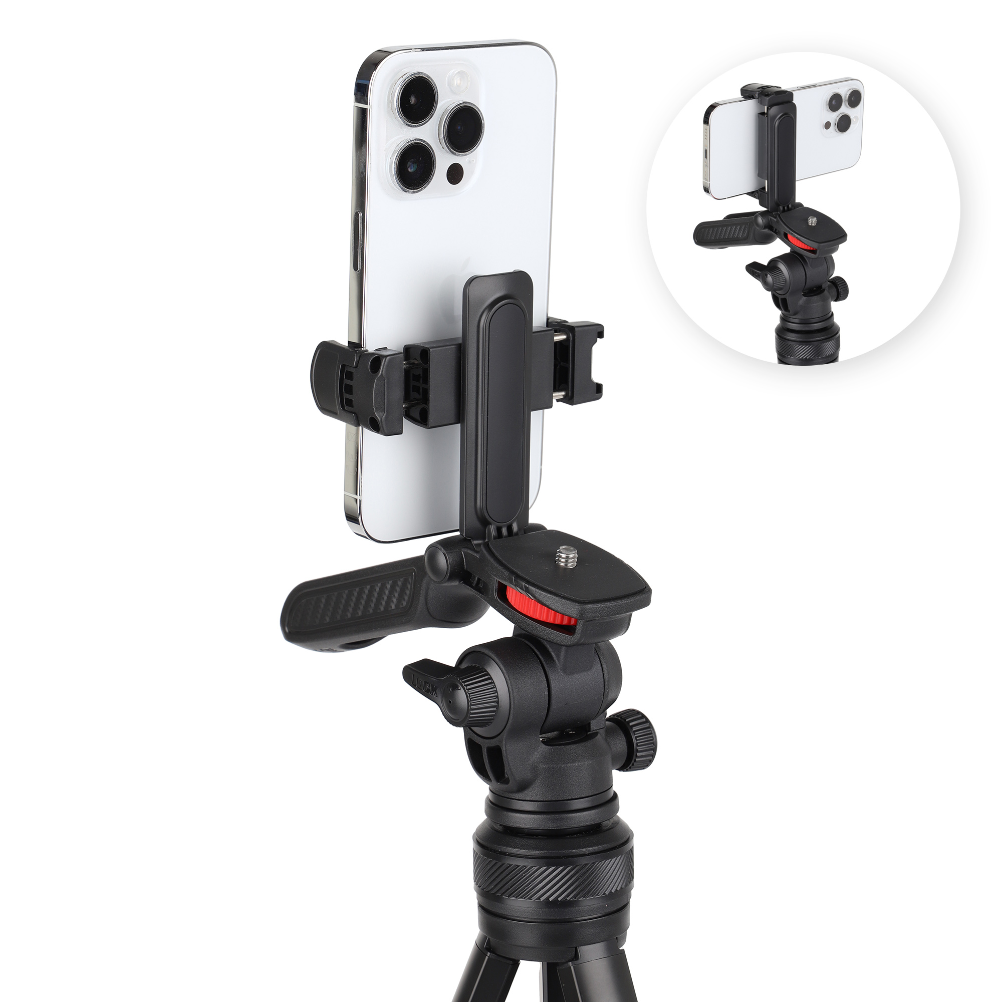 Smartphone in einer schwarzen Telefonhalterung auf einem Stativ. Zweites kleineres Bild desselben Aufbaus.