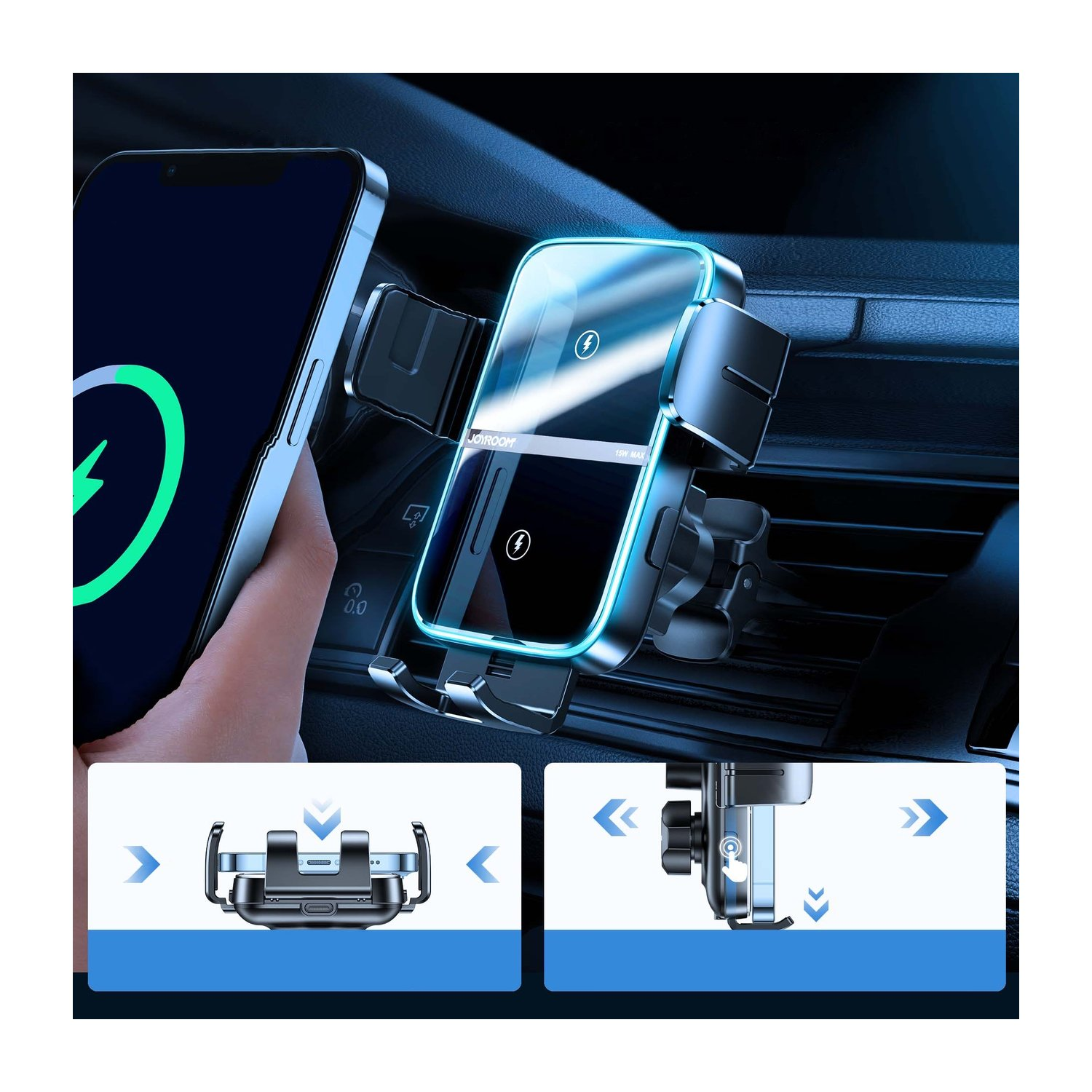 Auto-Telefonhalter mit Telefon und Ladesymbol, schwarz und silber.