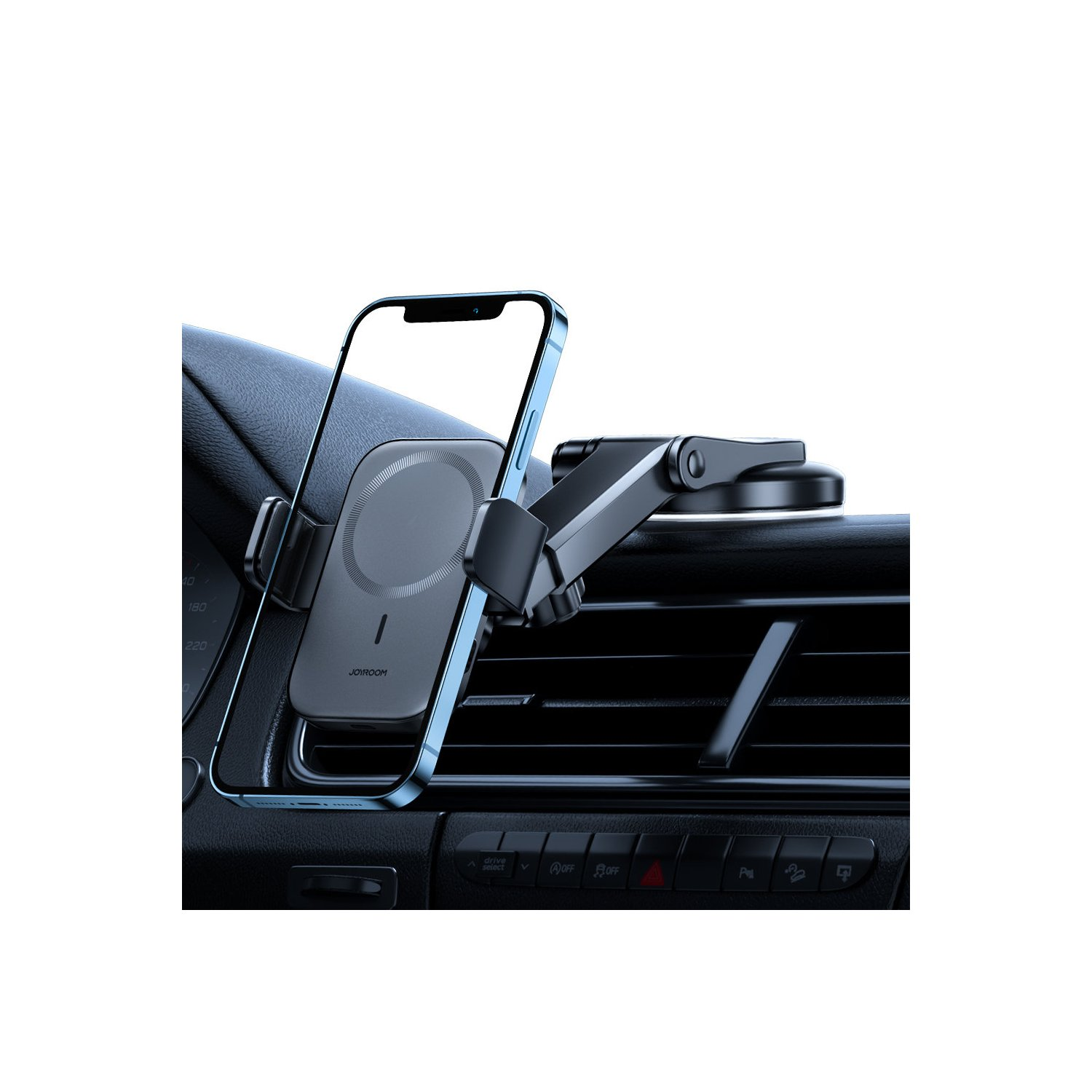 Telefon in einer Autohalterung mit einem Auto-Innenraum-Hintergrund.