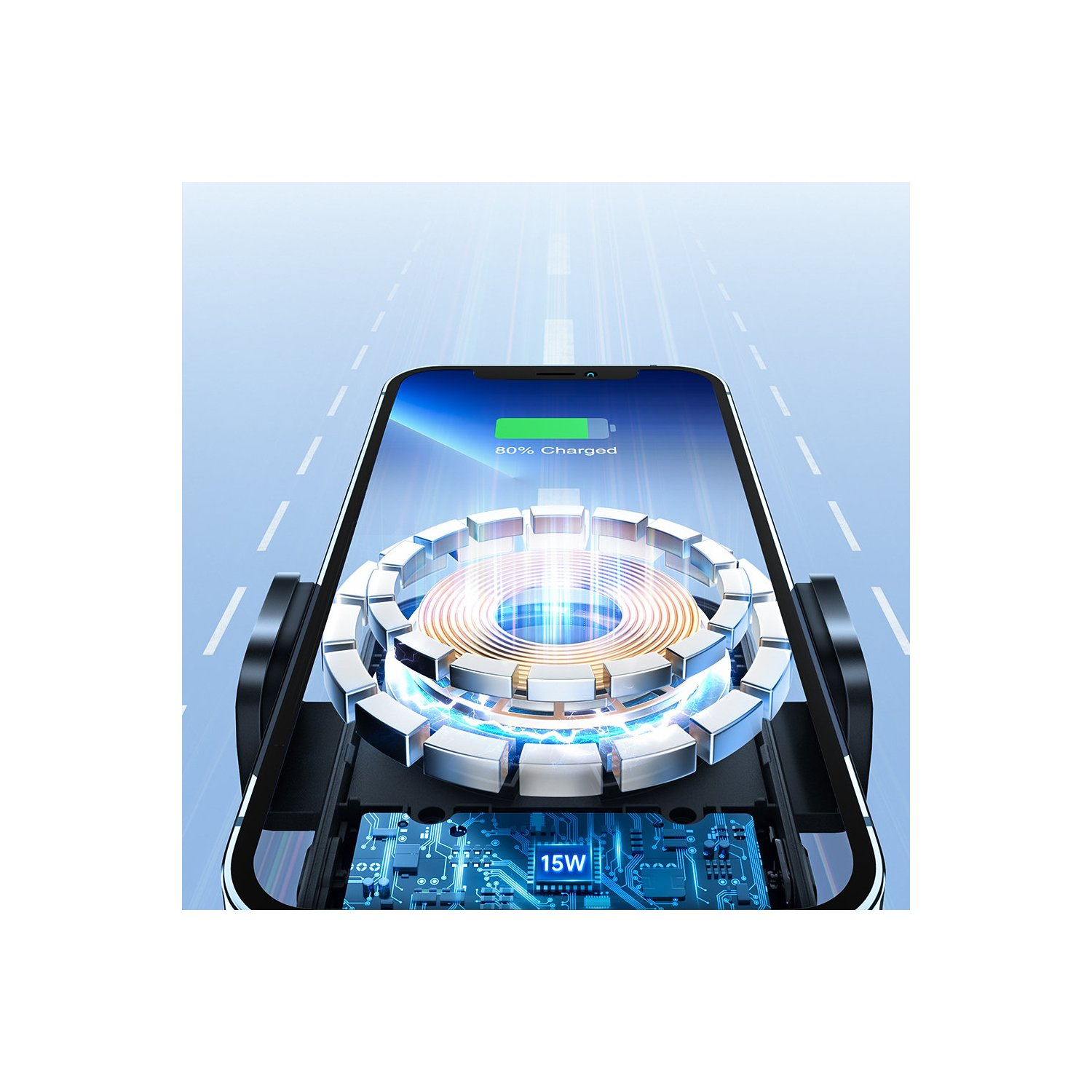 Ein Telefon, das drahtlos geladen wird, zeigt 80% Ladung und einen 15W-Indikator.