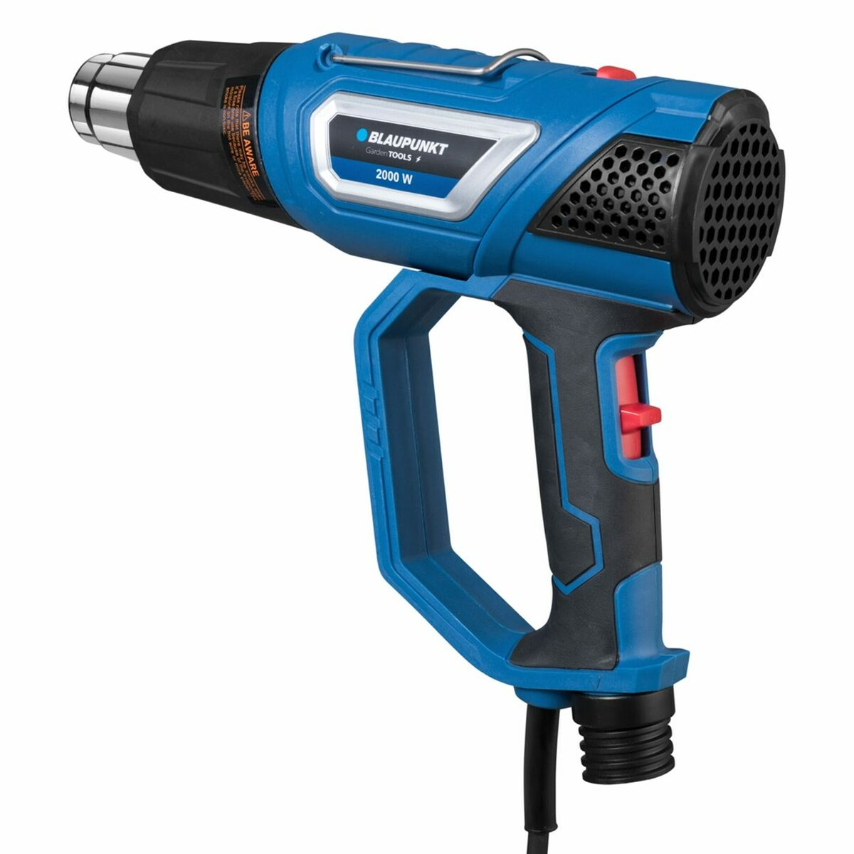 Una pistola termica blu e nera con manico e pulsante rosso.
