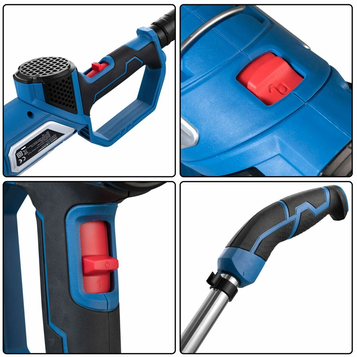 Primi piani di un utensile elettrico blu e nero, che mostra vari componenti.
