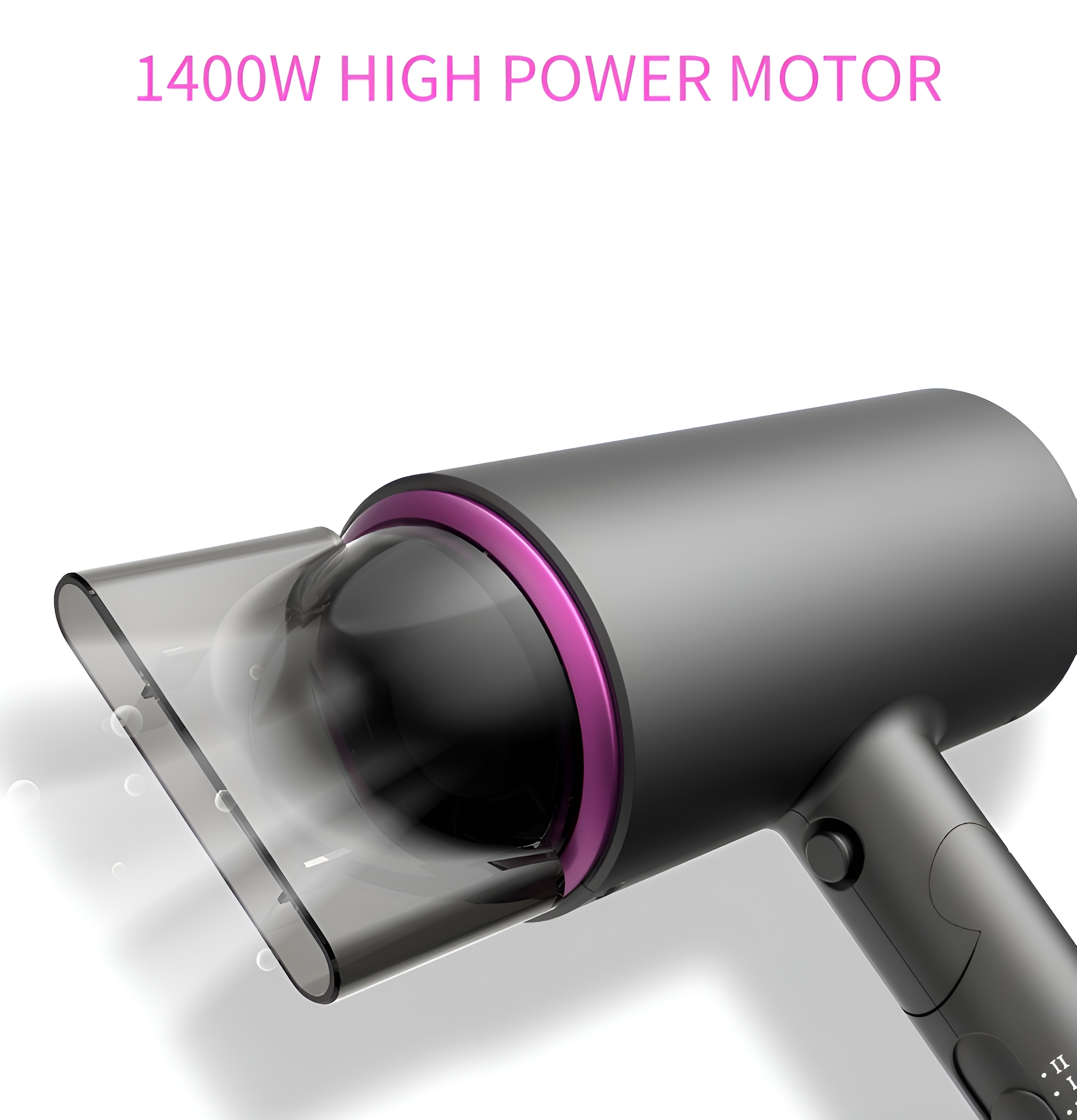 Ein schwarzer Haartrockner mit klarer Düse und rosa Ring. Text: 1400W HIGH POWER MOTOR.