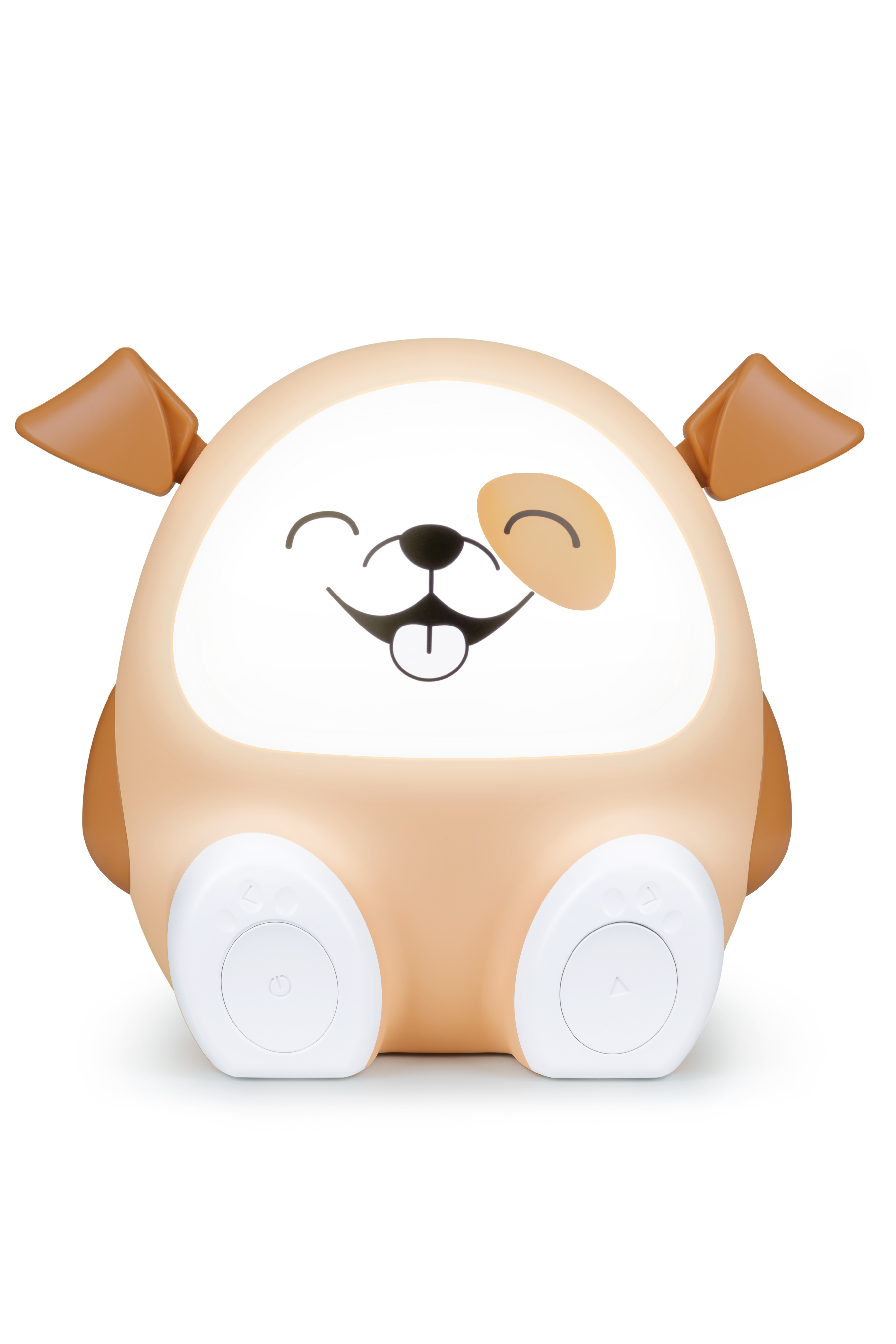Veilleuse chien de dessin animé, souriant et avec la langue dehors, avec base blanche.