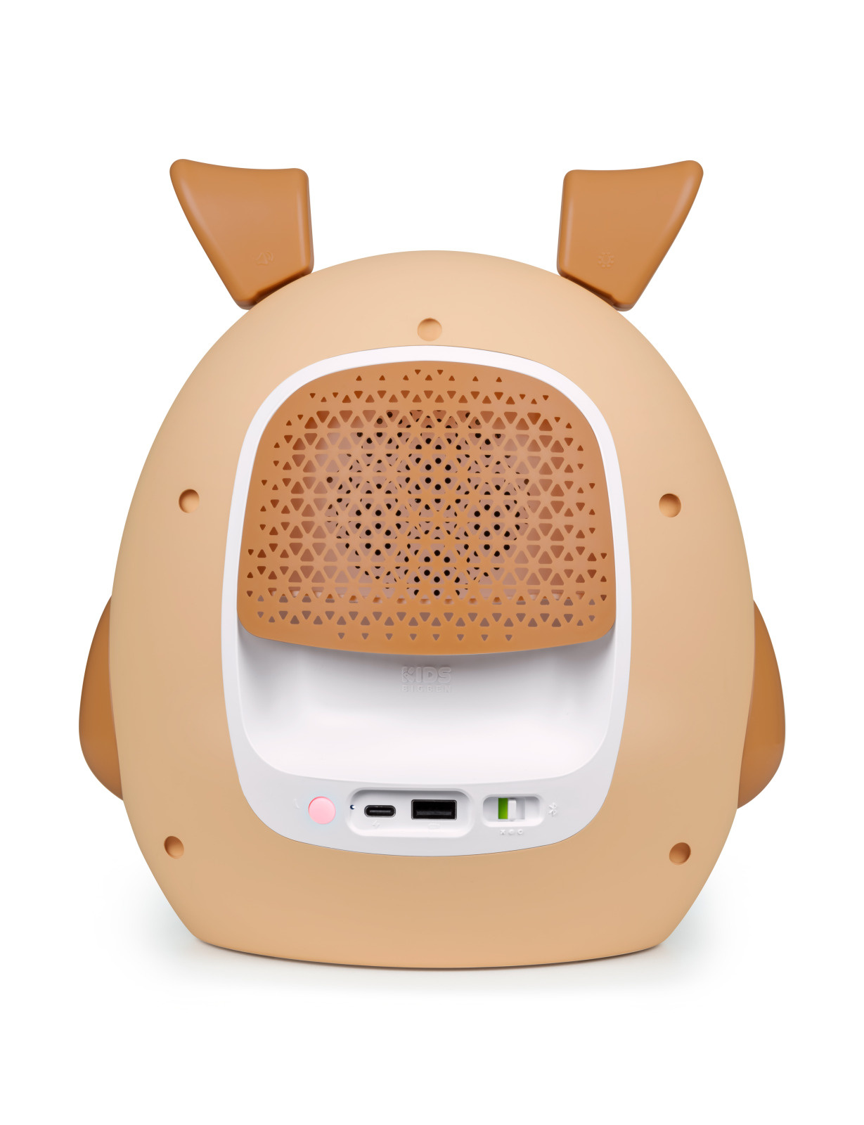 Vue arrière d'un haut-parleur en forme de lapin beige. Fond blanc.