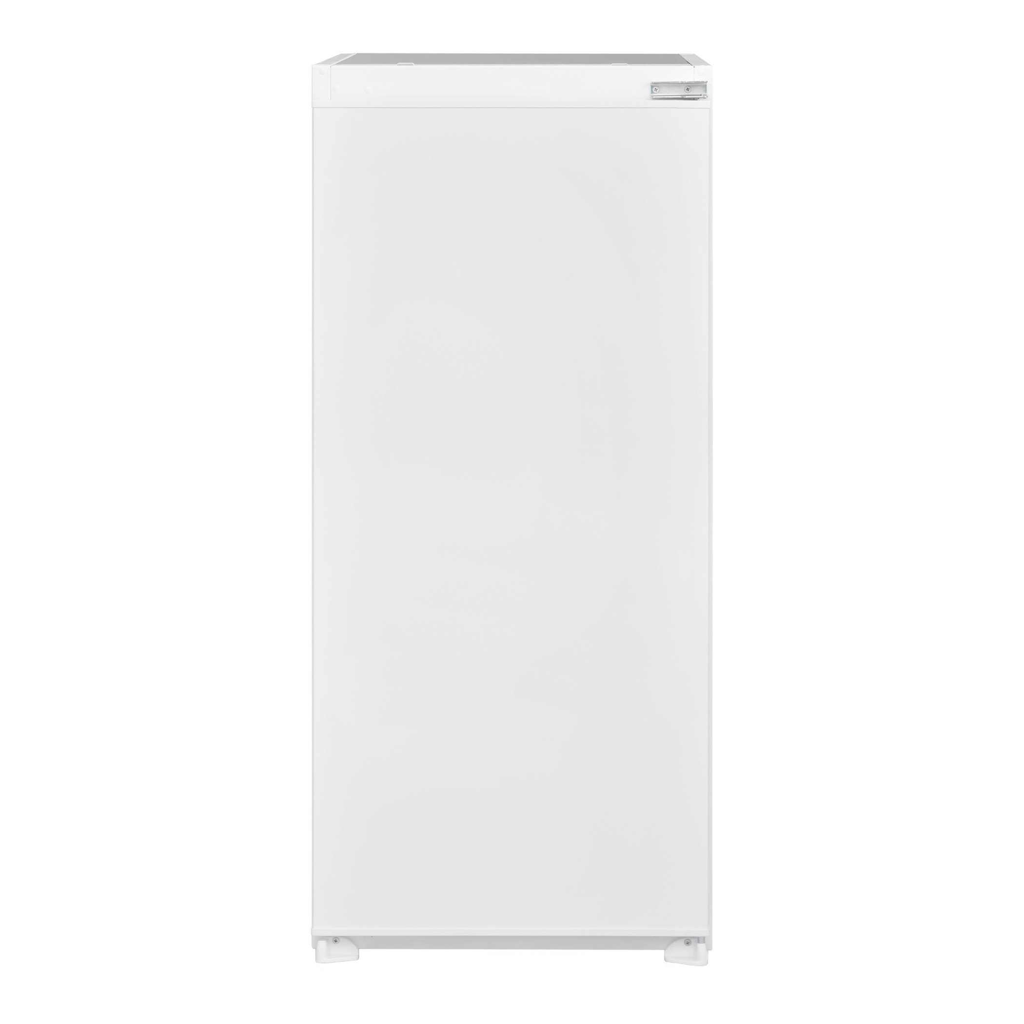 A white refrigerator stands tall, featuring a simple design. The door is closed and plain.
