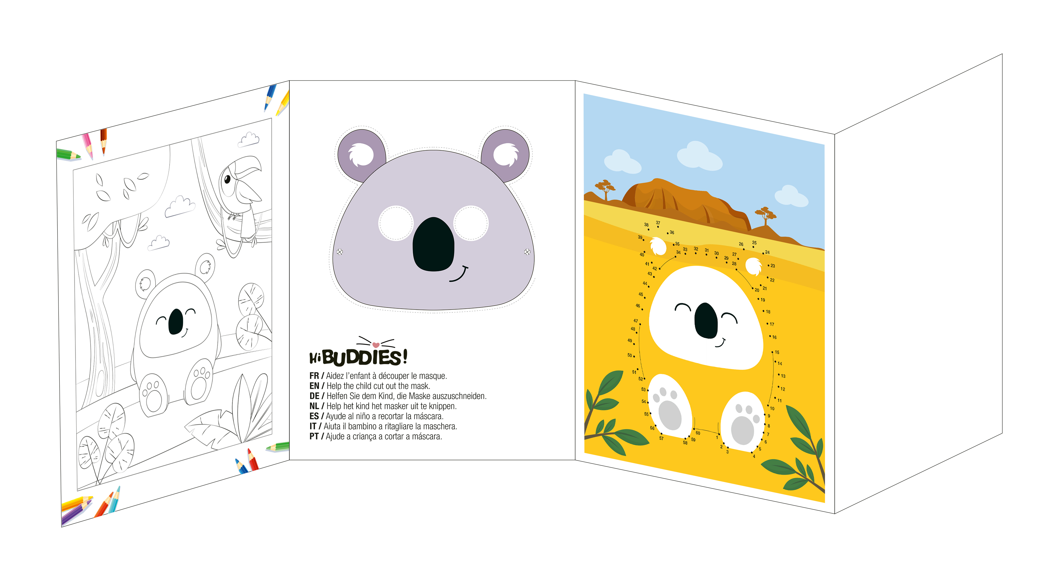Złożona kartka z maską koali, rysunkiem koali i grą w łączenie kropek.